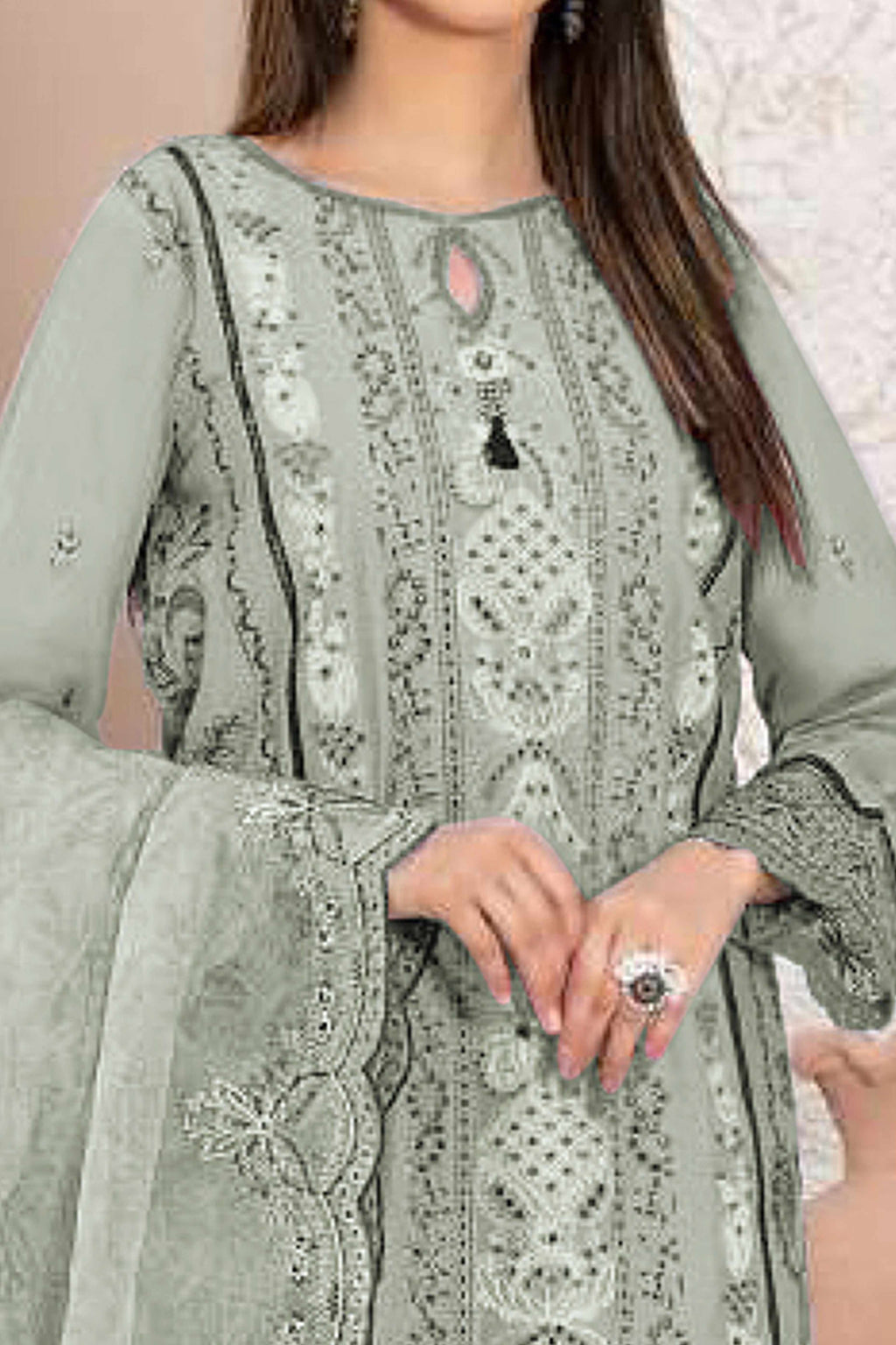 Dusty Green Floral Design Dress Material Crafted from Lightweight Georgette Fabric