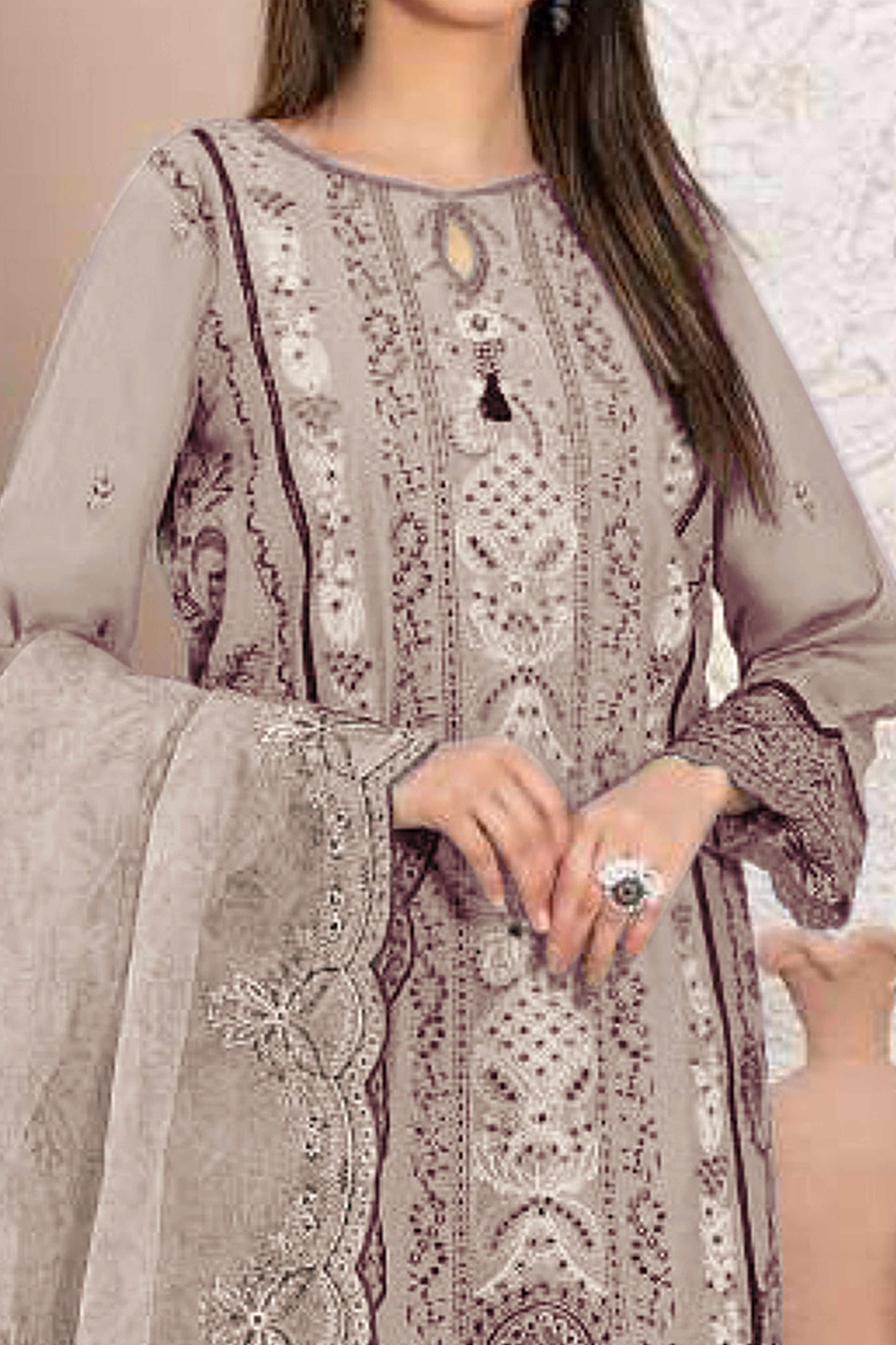 Beige Floral Design Dress Material Crafted from Lightweight Georgette Fabric