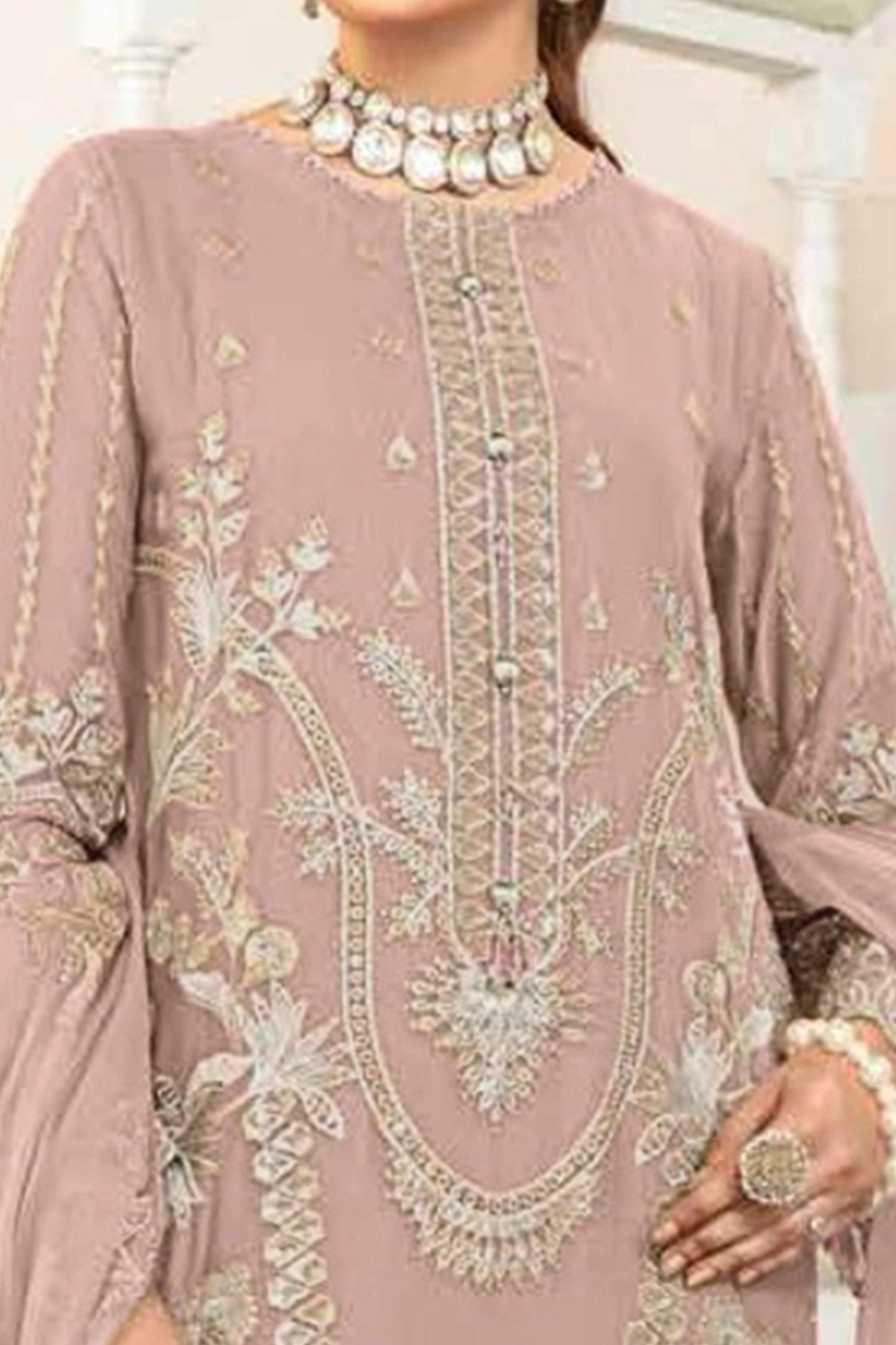 Dusty Rose Floral Design Dress Material Crafted from Lightweight Georgette Fabric