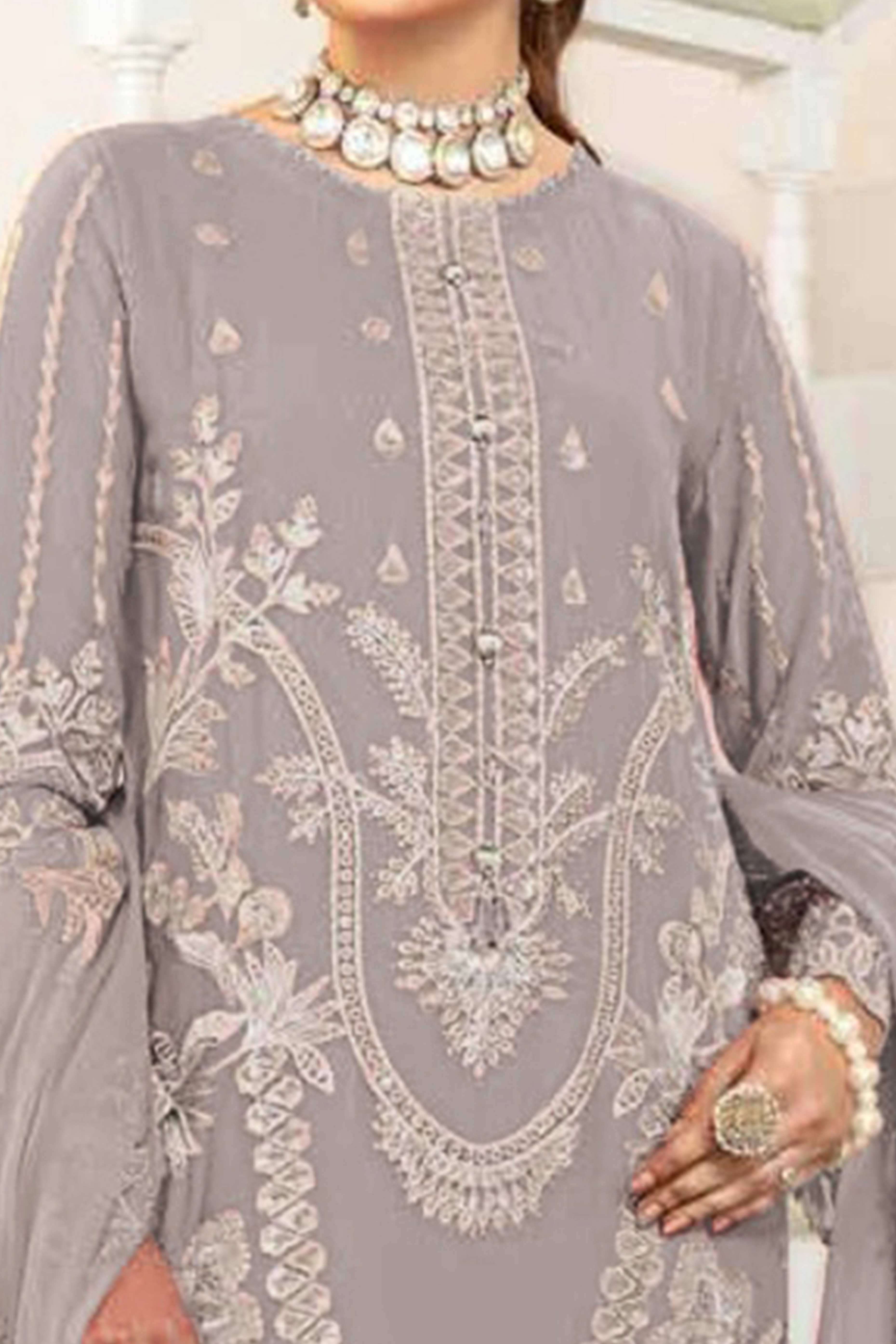 Light Grey Floral Design Dress Material Crafted from Lightweight Georgette Fabric