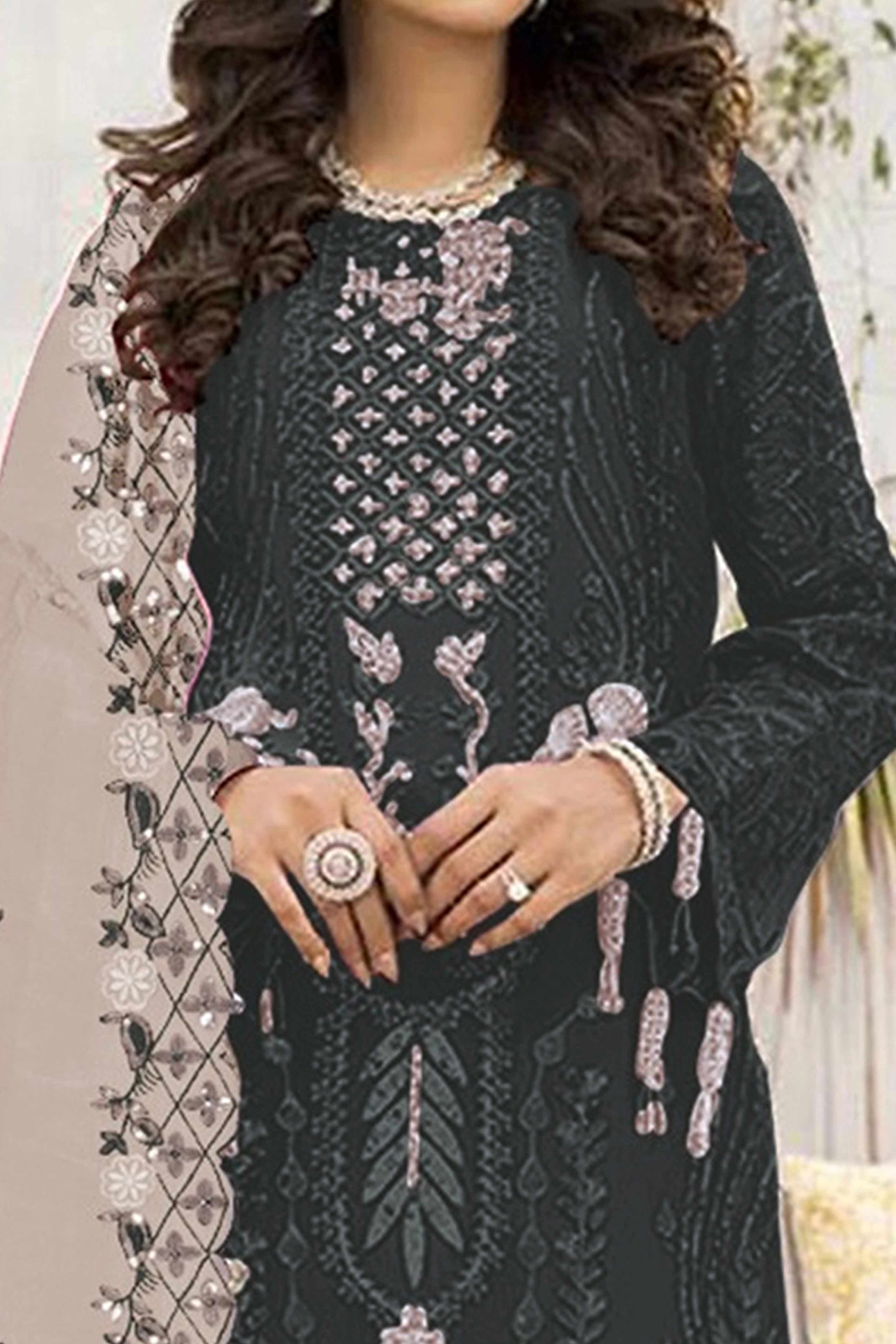 Dark Green Floral Design Dress Material Crafted from Lightweight Georgette Fabric