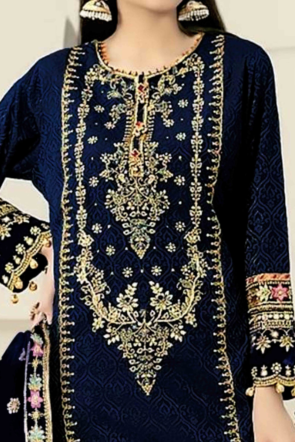 Blue Velvet Dress Material Adorned with Sequins & Thread Embroidery