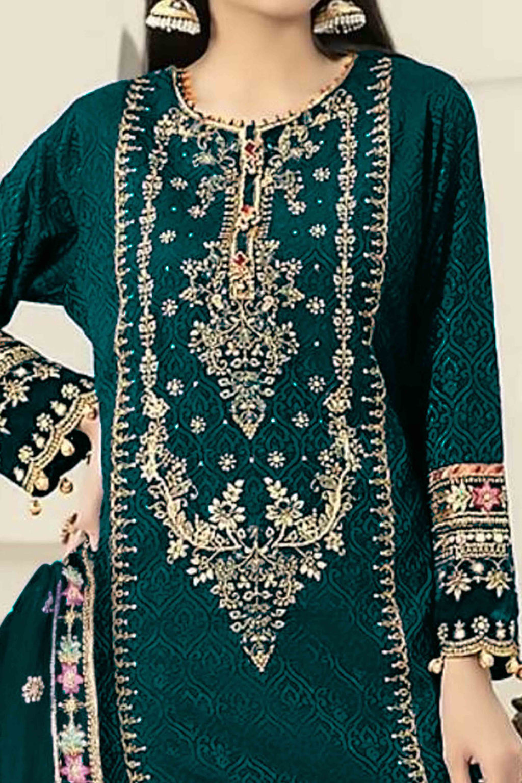 Bottle Green Velvet Dress Material Adorned with Sequins & Thread Embroidery