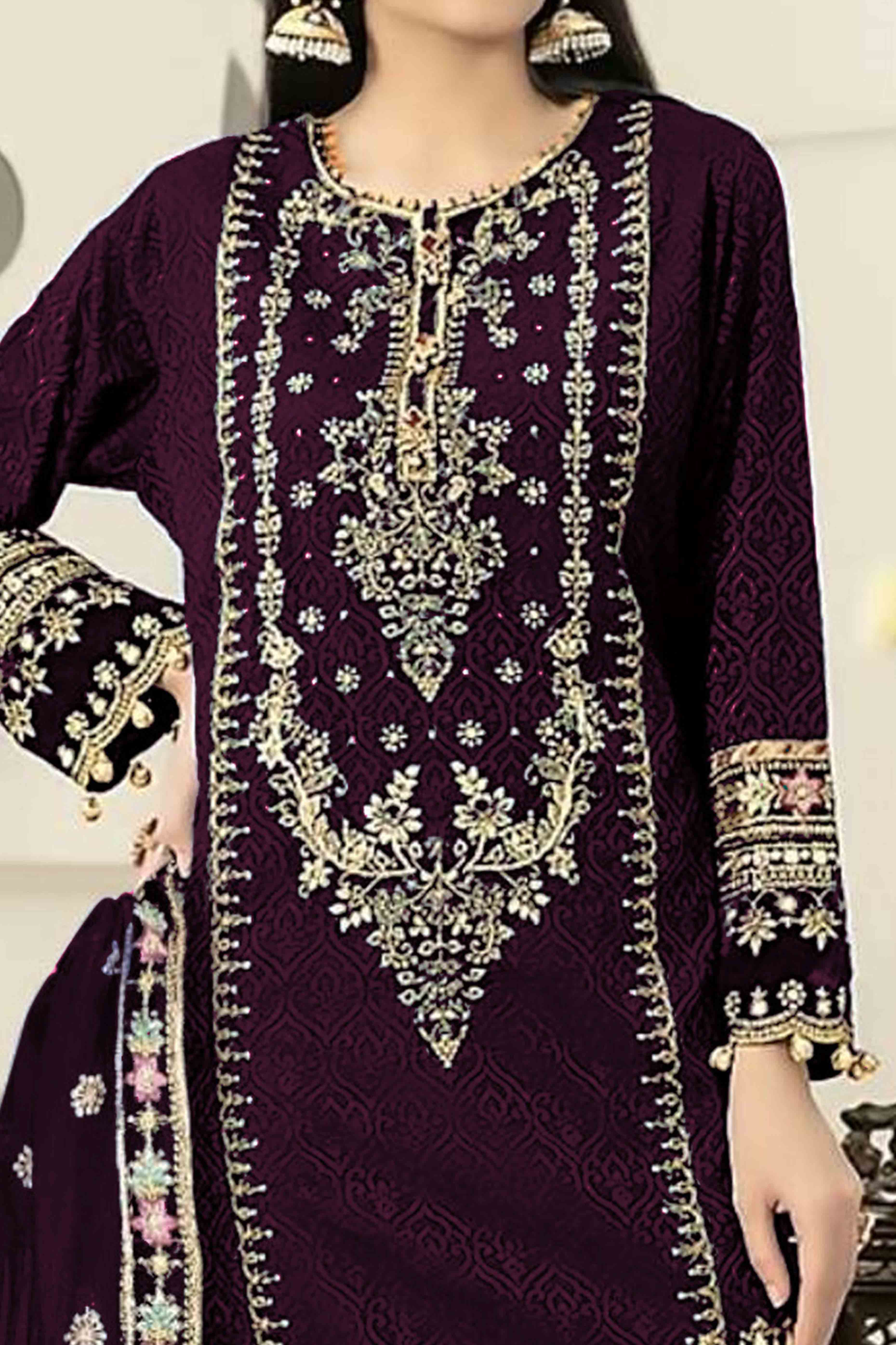 Dark Purple Velvet Dress Material Adorned with Sequins & Thread Embroidery