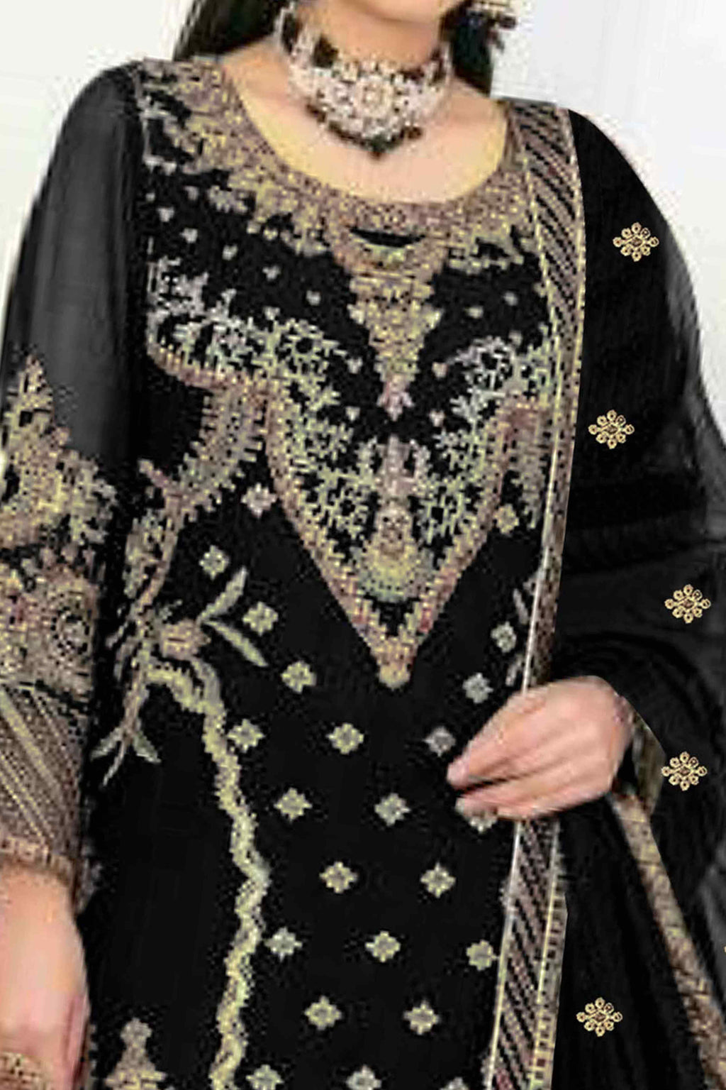 Black Velvet Dress Material Adorned with Sequins & Thread Embroidery