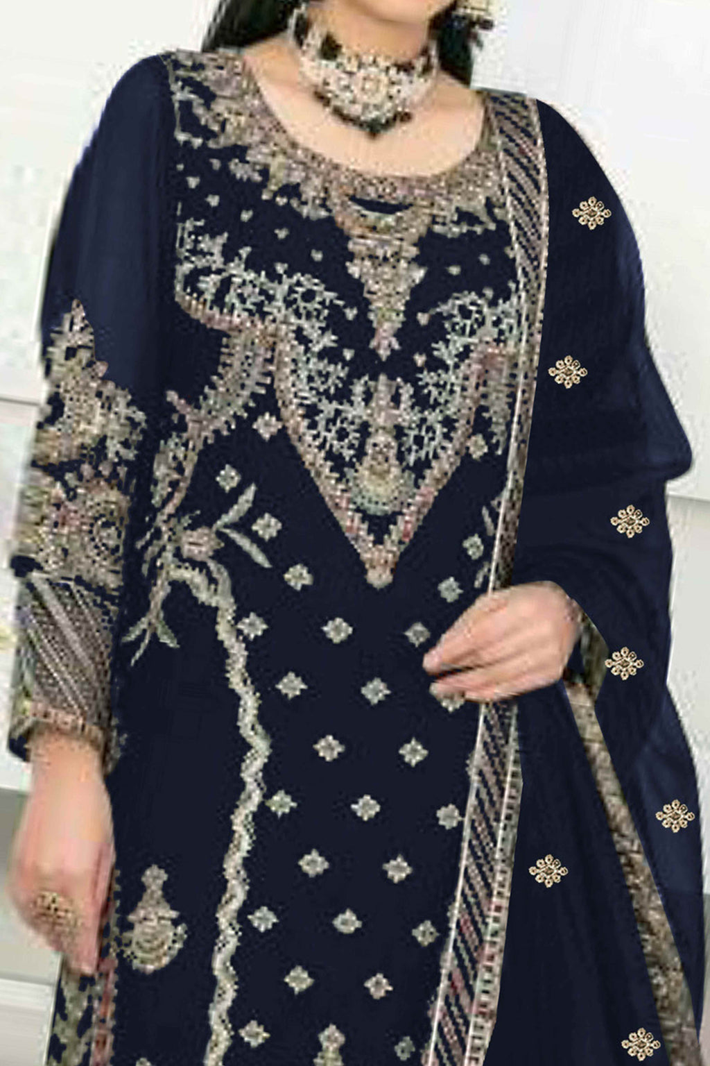 Navy Blue Velvet Dress Material Adorned with Sequins & Thread Embroidery