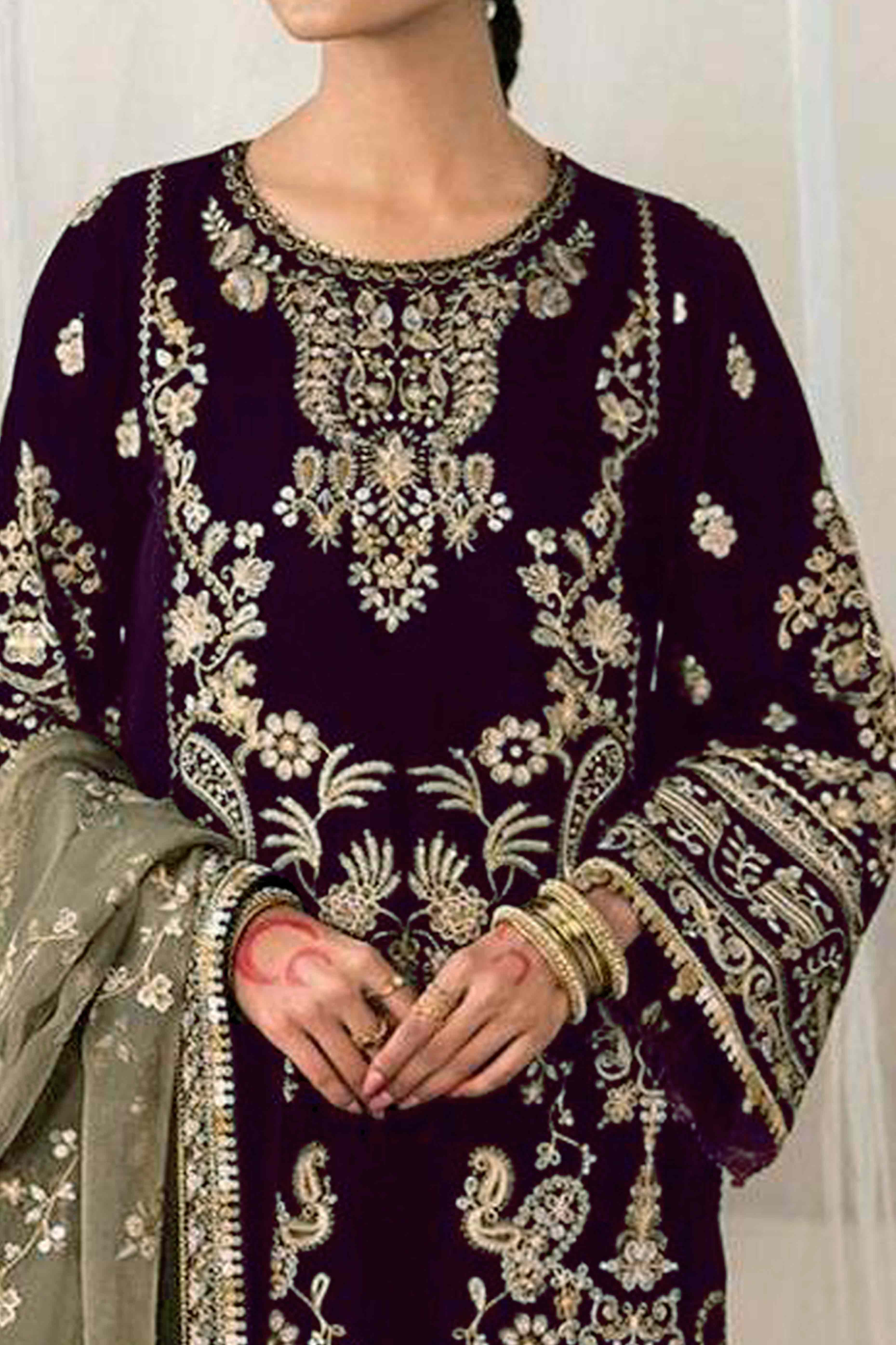 Dark Purple Velvet Dress Material Adorned with Sequins & Thread Embroidery