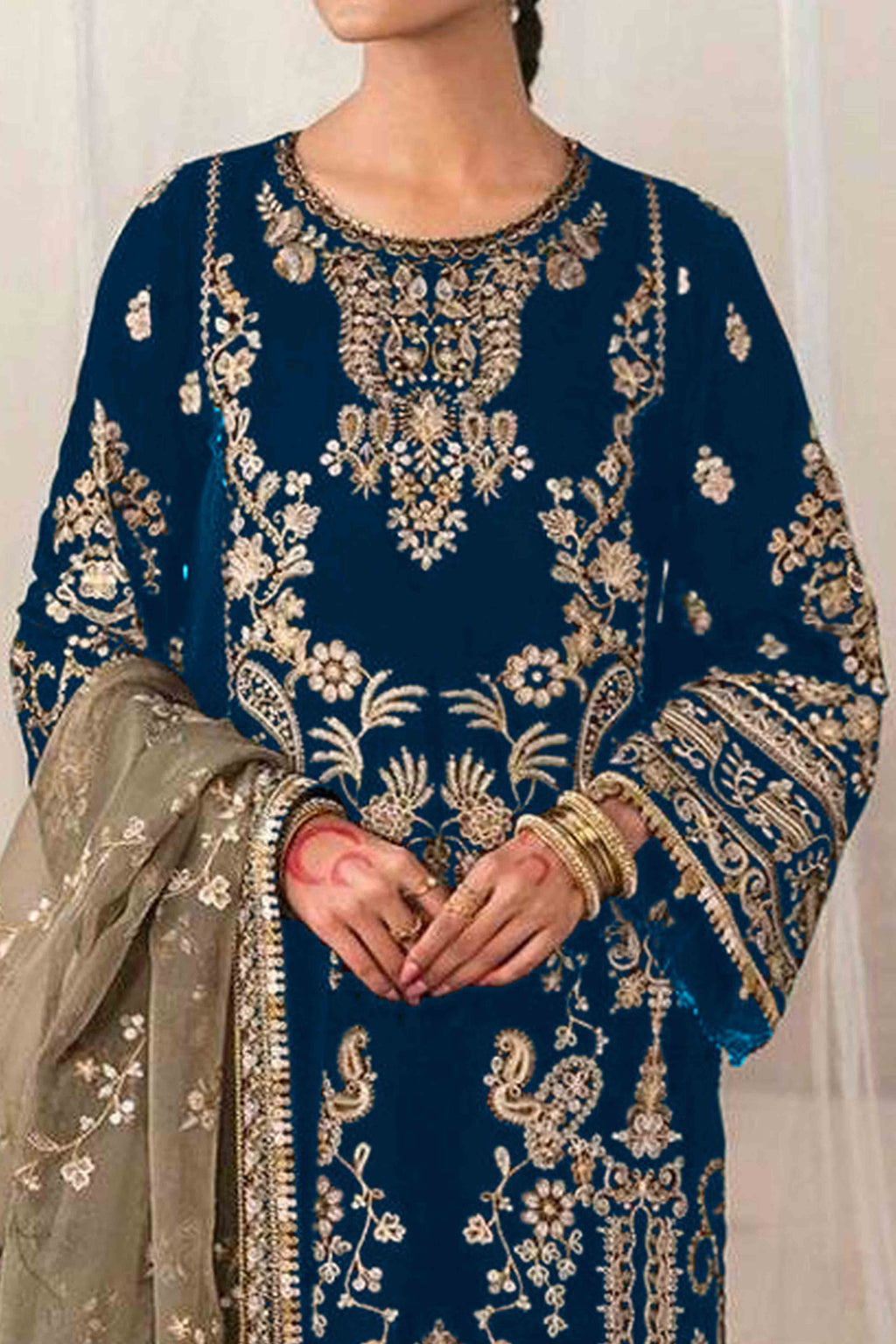 Dark Blue Velvet Dress Material Adorned with Sequins & Thread Embroidery