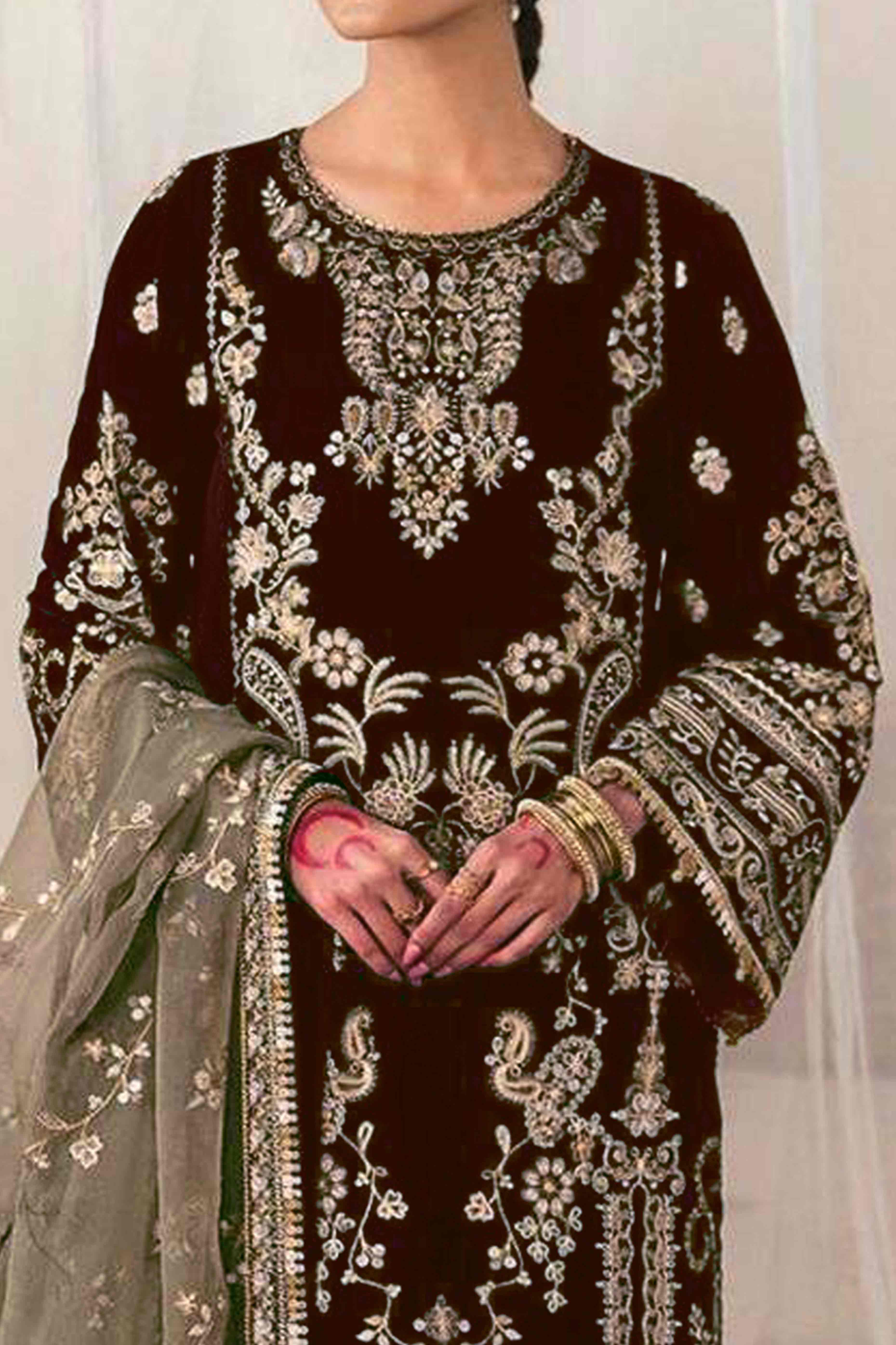 Dark Brown Velvet Dress Material Adorned with Sequins & Thread Embroidery