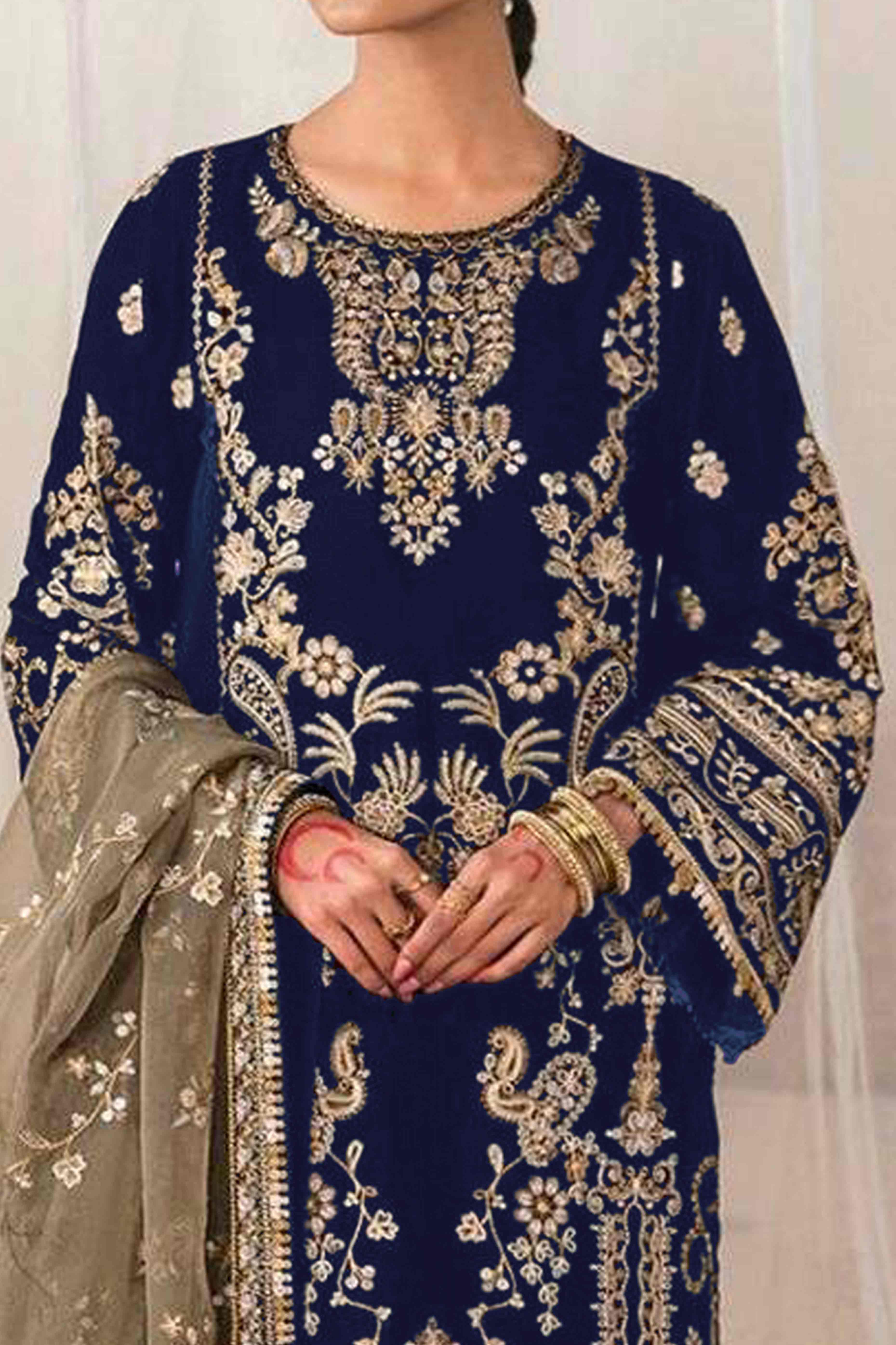 Navy Blue Velvet Dress Material Adorned with Sequins & Thread Embroidery