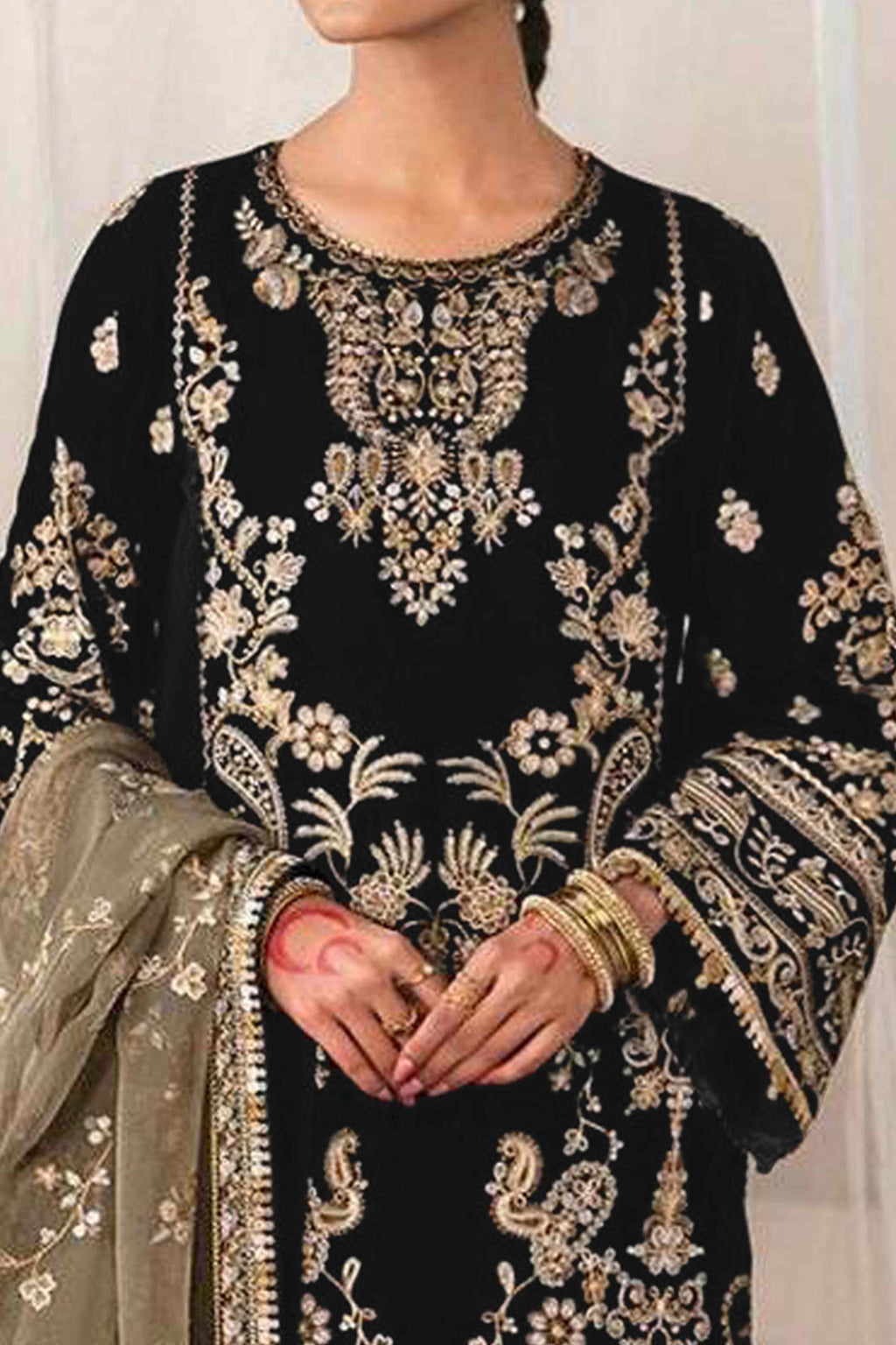 Black Velvet Dress Material Adorned with Sequins & Thread Embroidery