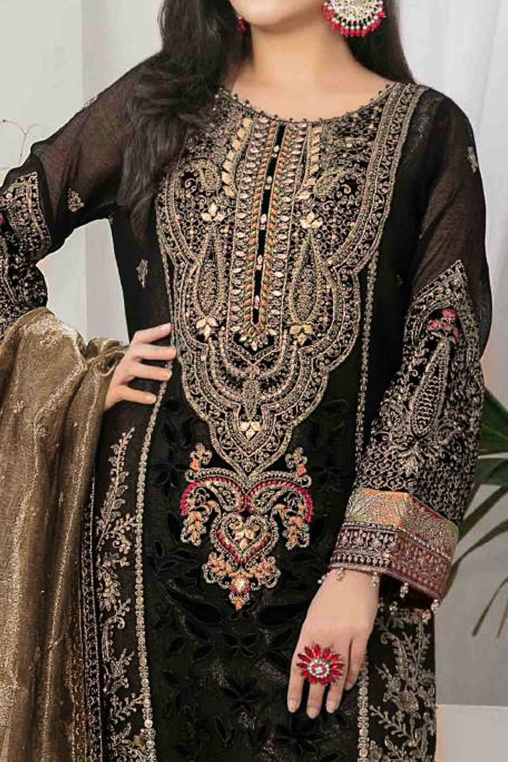 Black Velvet Dress Material Adorned with Sequins & Thread Embroidery