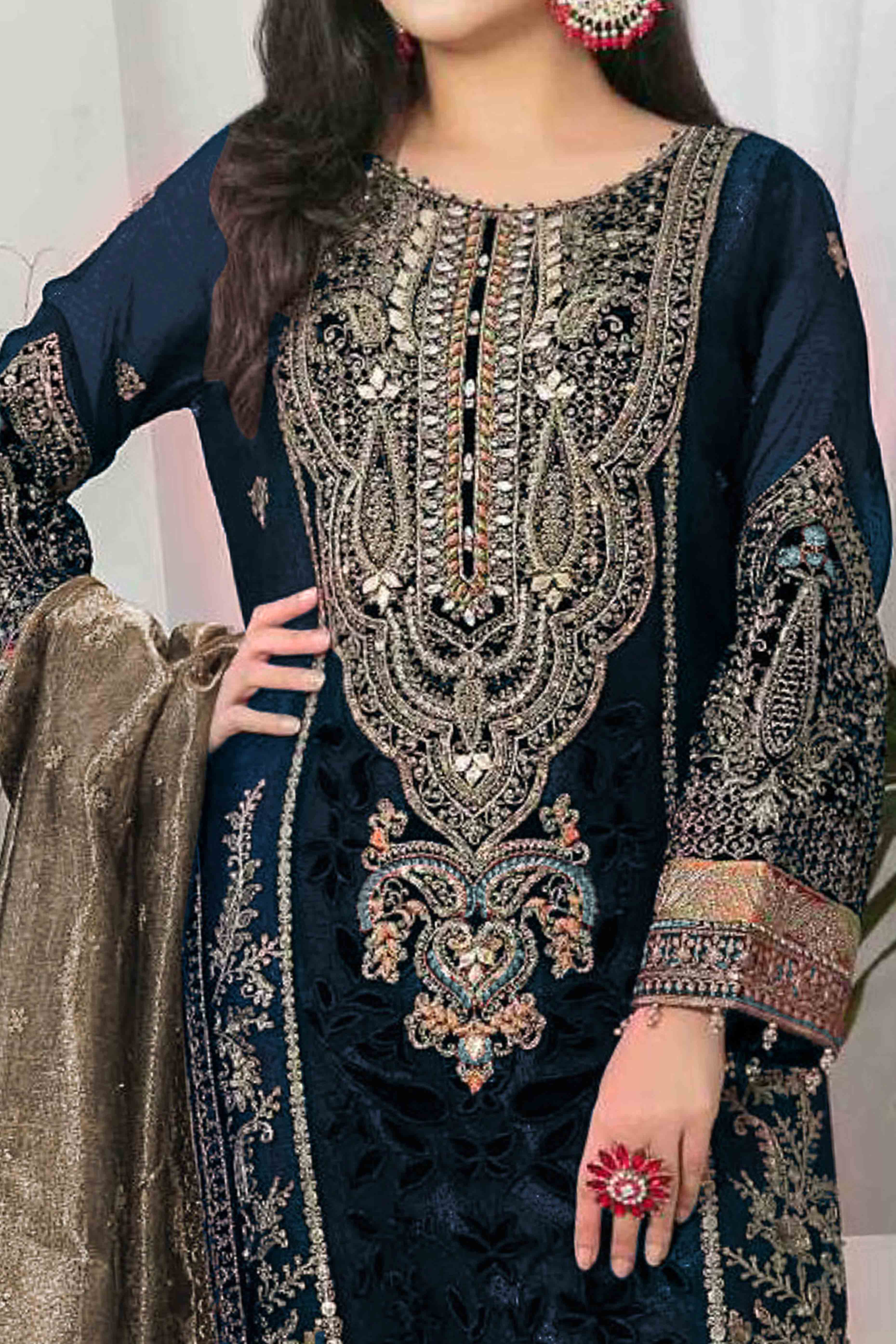 Navy Blue Velvet Dress Material Adorned with Sequins & Thread Embroidery