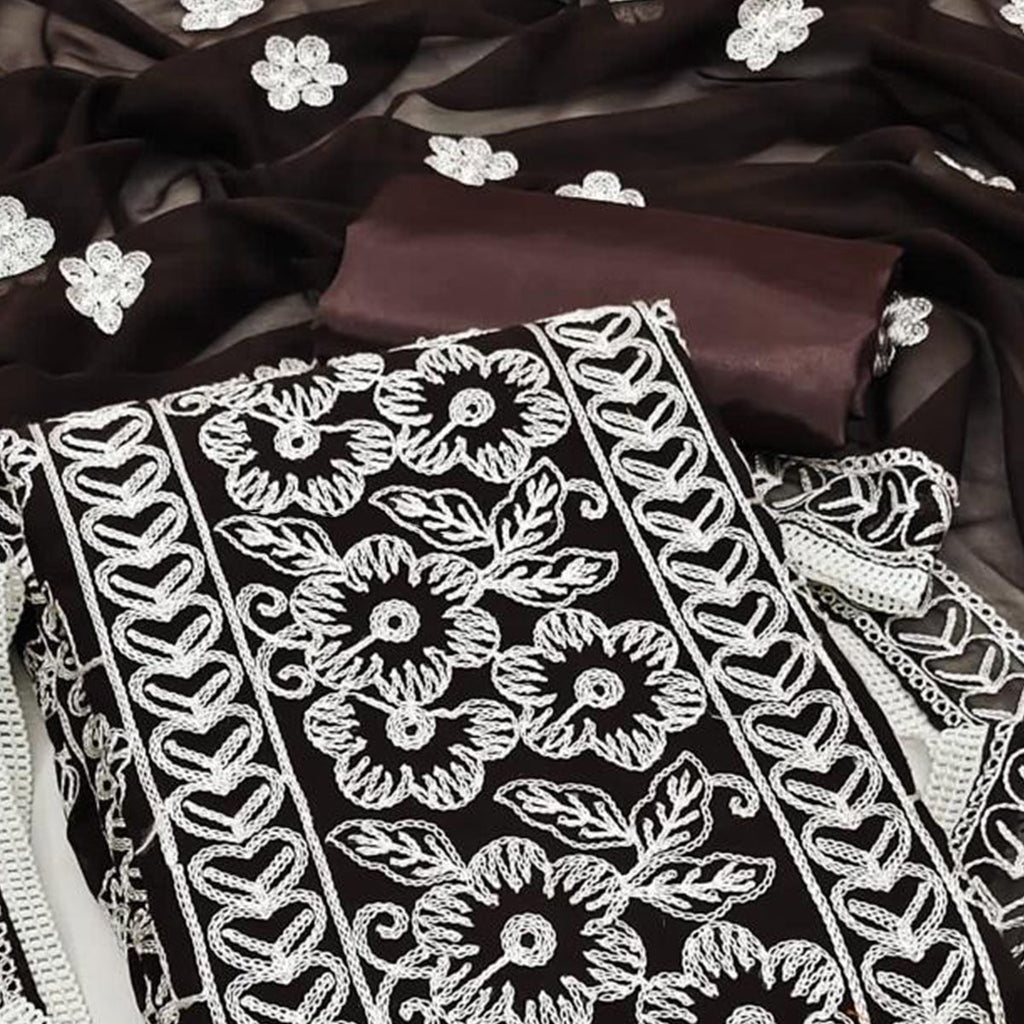 Coffee Brown Floral Embroidered Georgette Dress Material
