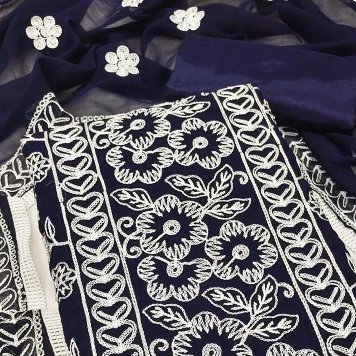 Navy Blue Floral Embroidered Georgette Dress Material