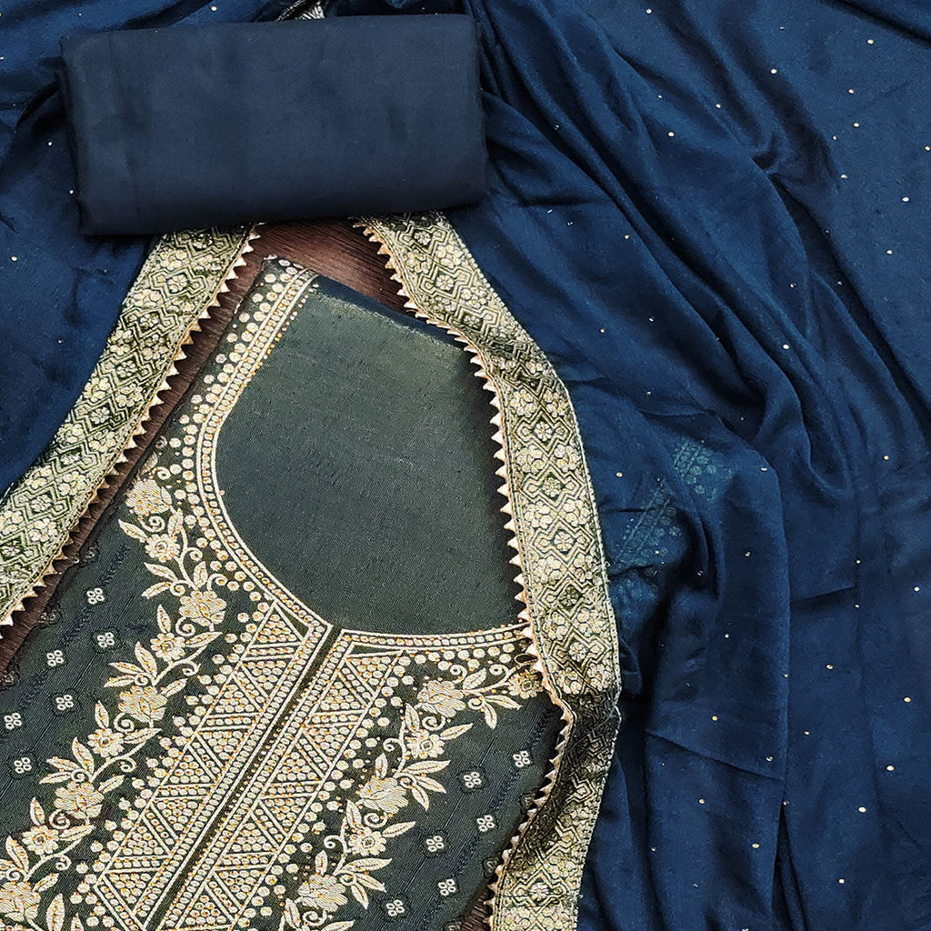 Blue Floral Woven With Stonework Jacquard Dress Material