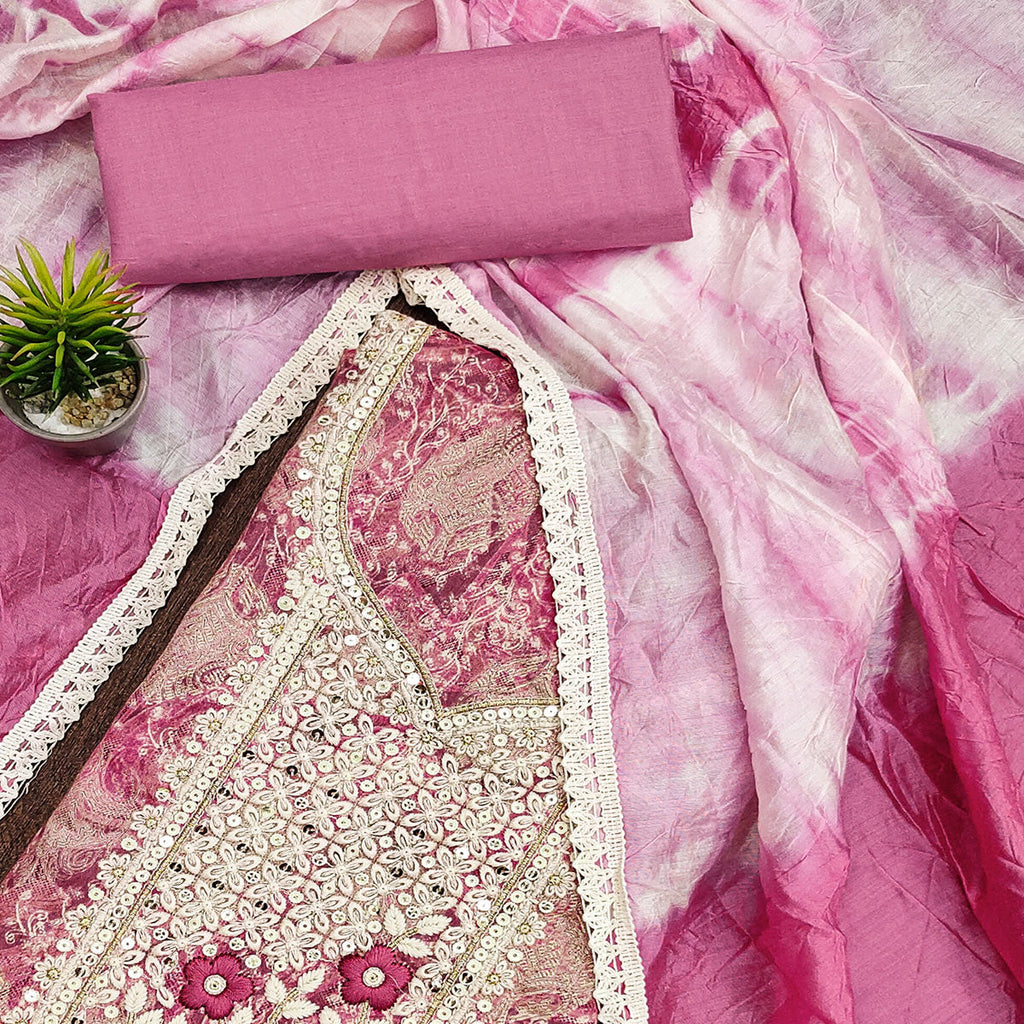 Pink Floral Embroidered Pure Cotton Dress Material