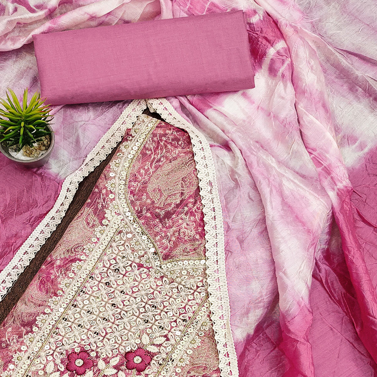 Pink Floral Embroidered Pure Cotton Dress Material