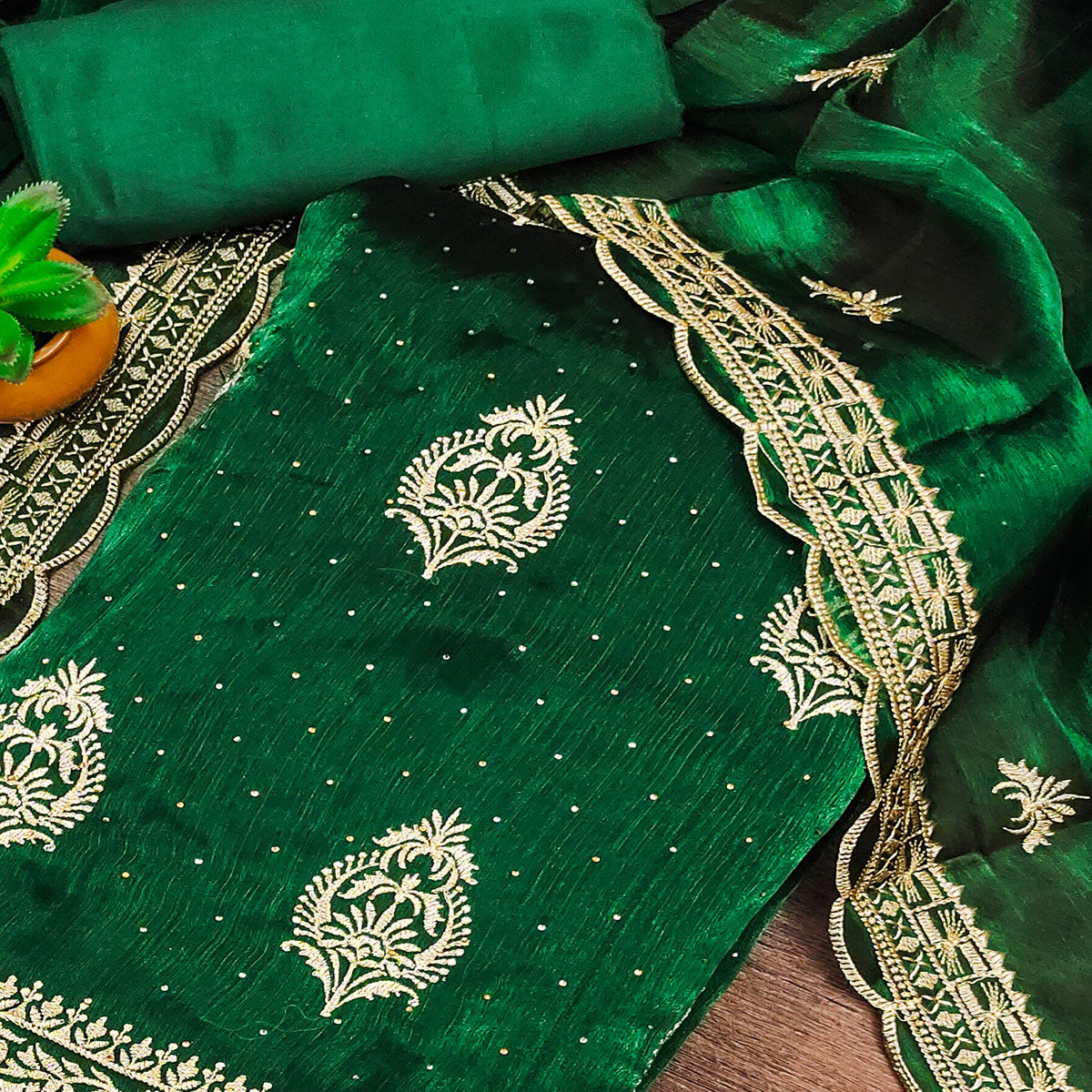 Green Floral Embroidery With Stonework Mulberry Silk Dress Material