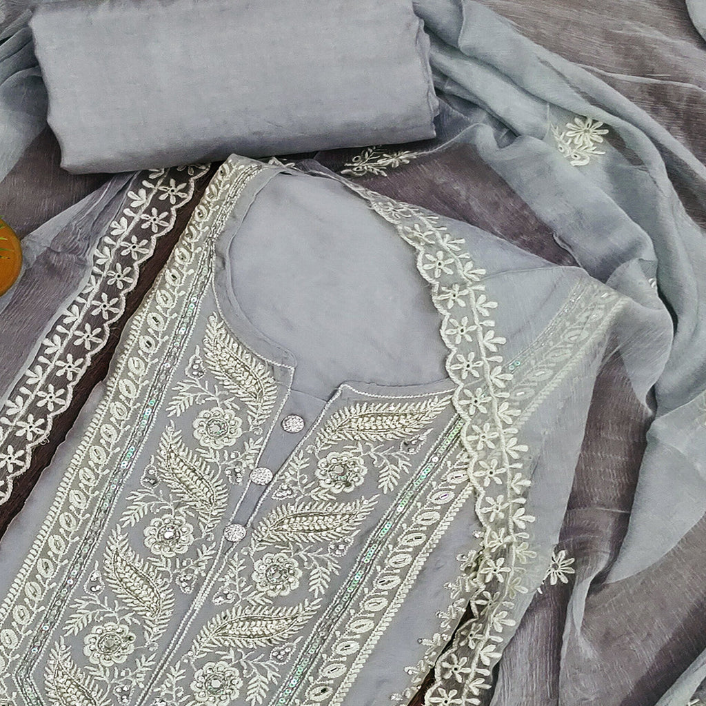 Grey Floral Sequins Embroidered Organza Dress Material