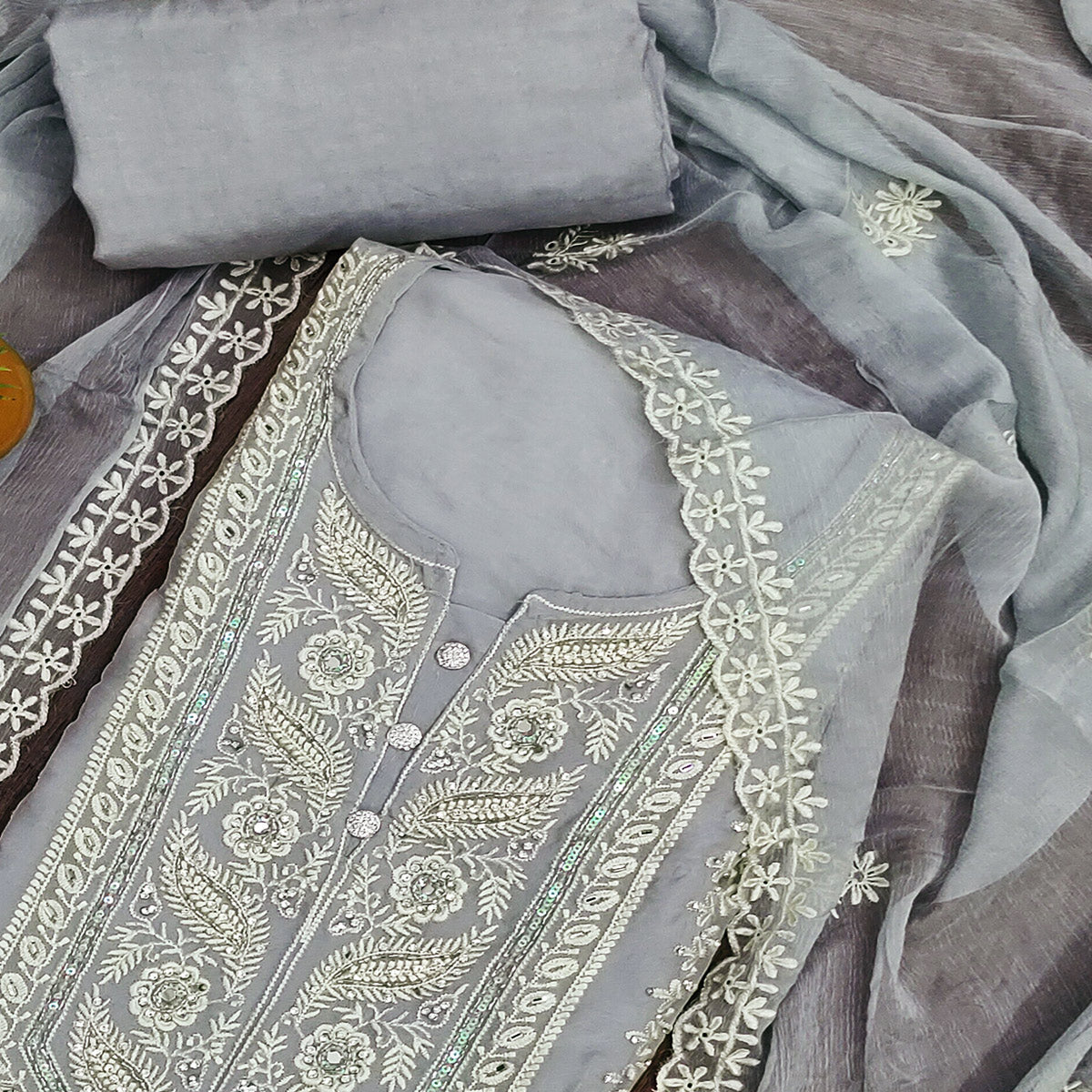 Grey Floral Sequins Embroidered Organza Dress Material