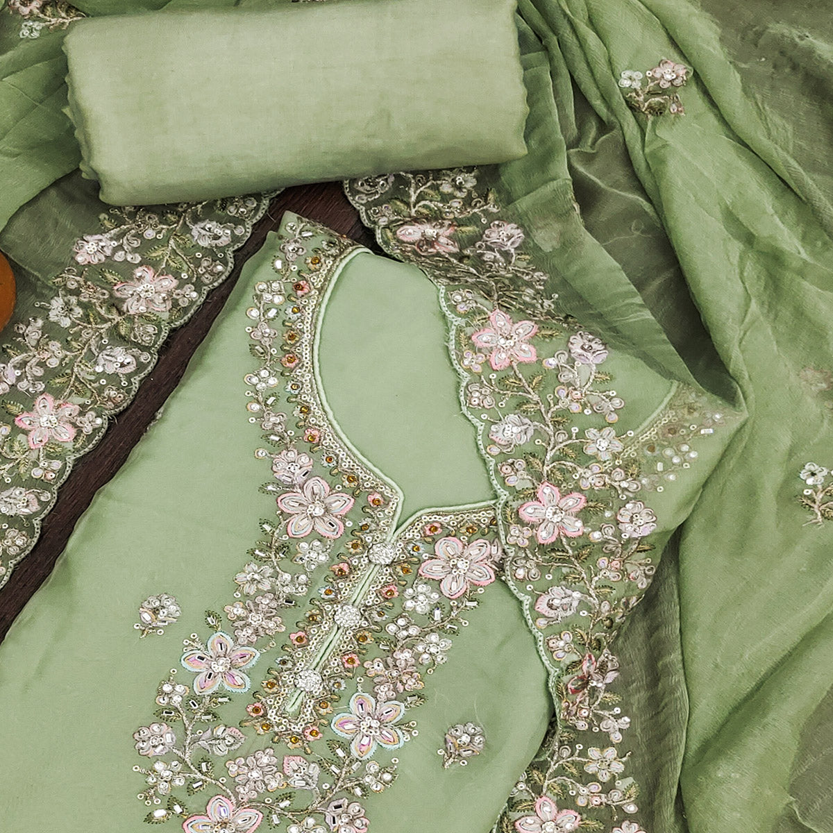 Green Floral Sequins Embroidered Organza Dress Material