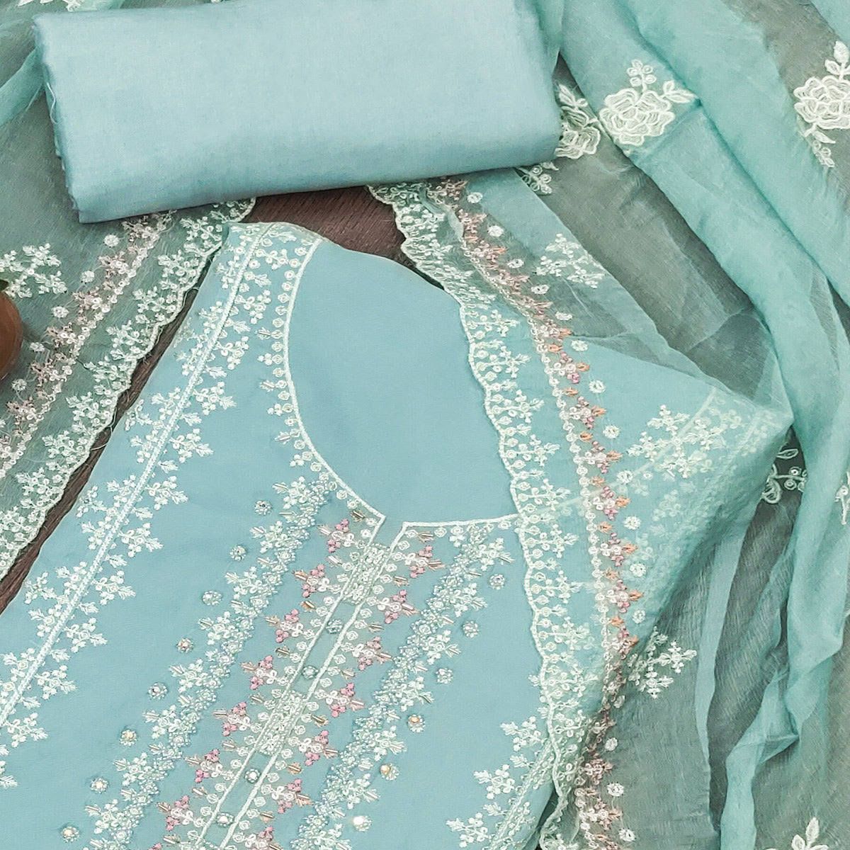 Blue Floral Embroidered Organza Dress Material