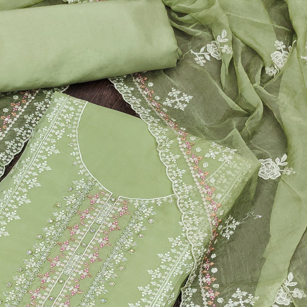 Green Floral Embroidered Organza Dress Material