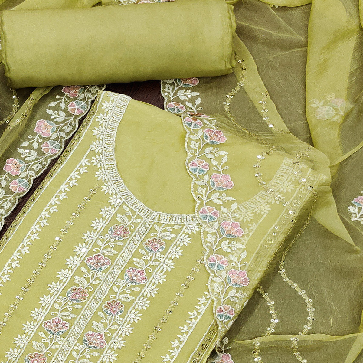 Green Floral Sequins Embroidered Organza Dress Material