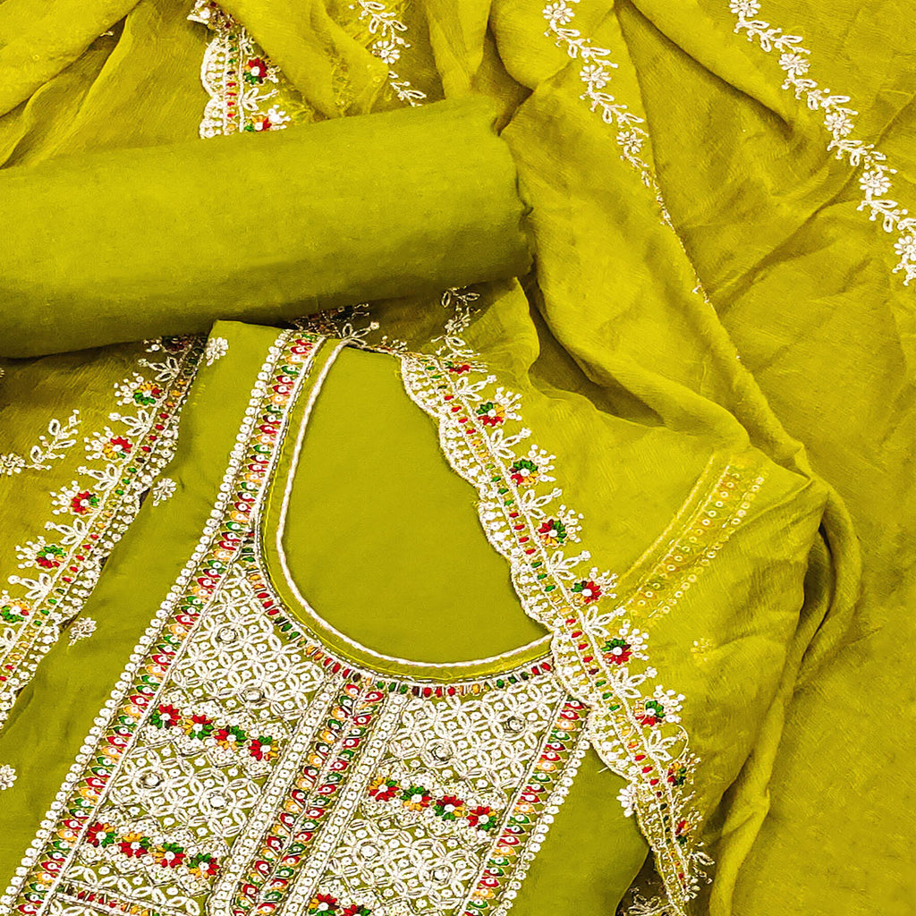 Green Embroidered Organza Dress Material