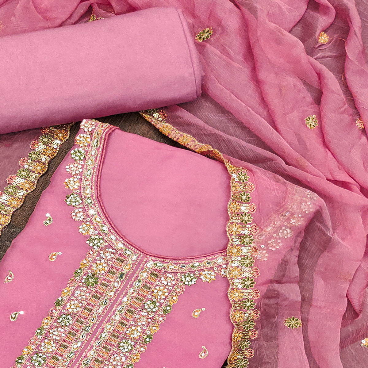 Pink Sequins Embroidered With Mirror Work Organza Dress Material