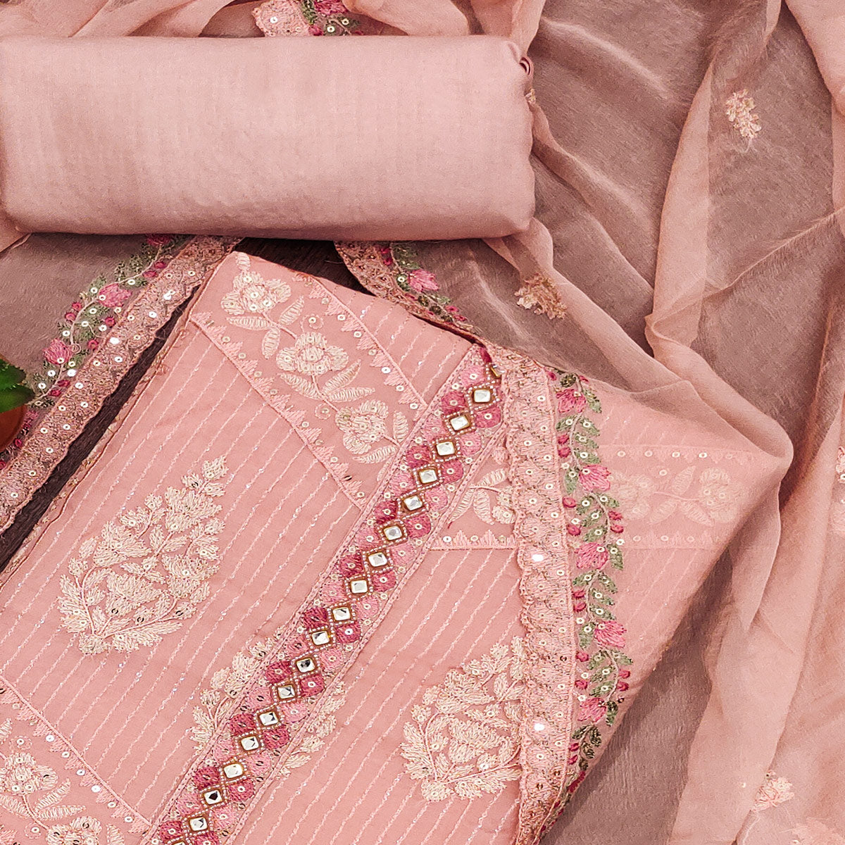 Peach Floral Sequins Embroidered Organza Dress Material