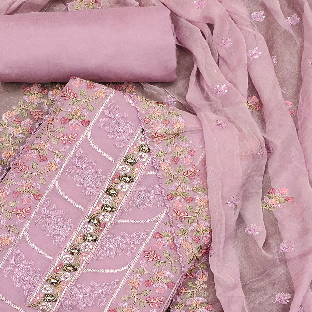 Light Purple Floral Sequins Embroidered Organza Dress Material