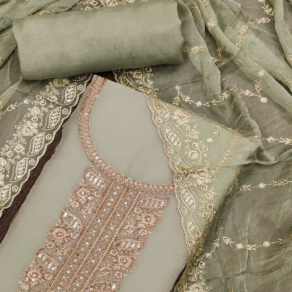 Green Floral Sequins Embroidered Chiffon Dress Material