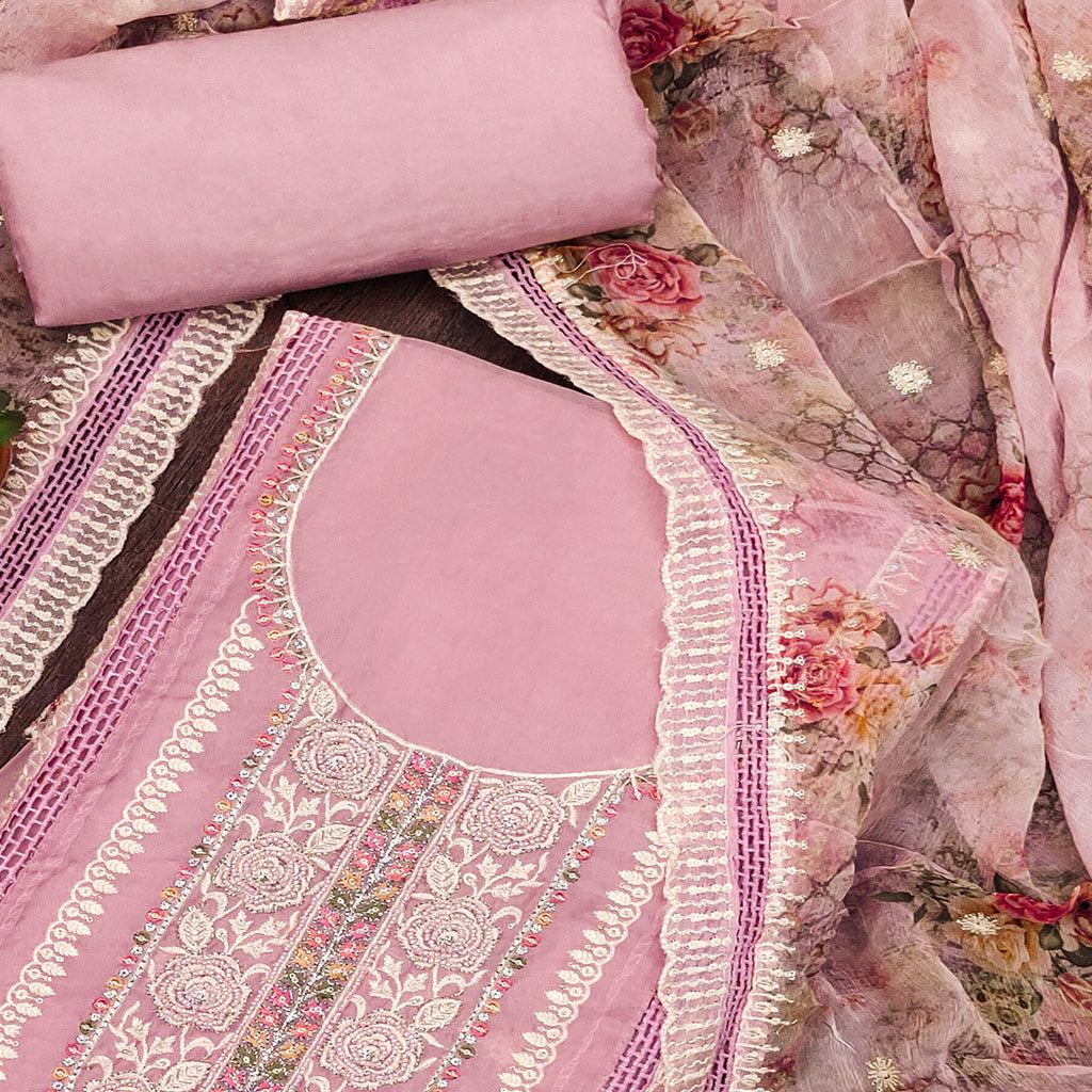 Pink Floral Hand Embroidered Organza Dress Material
