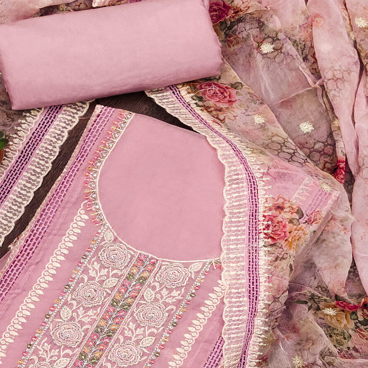 Pink Floral Hand Embroidered Organza Dress Material