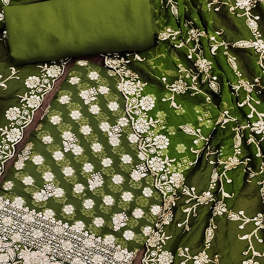Green Floral Embroidered With Woven Georgette Dress Material