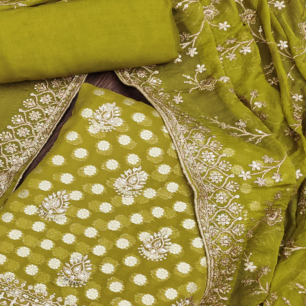 Mehendi Green Floral Embroidered With Woven Georgette Dress Material