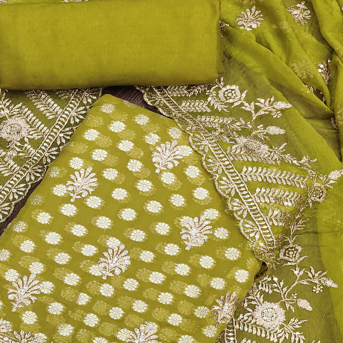 Mehendi Green Floral Embroidered With Woven Georgette Dress Material