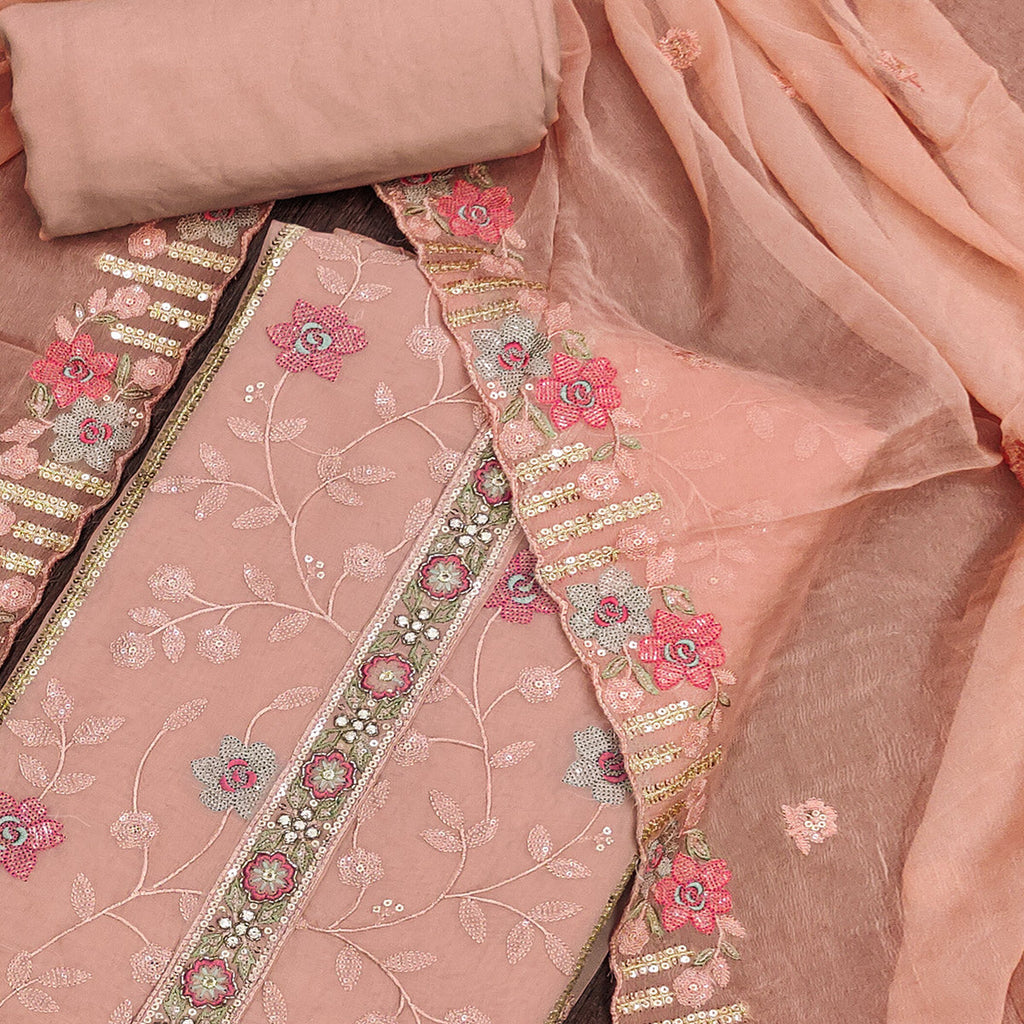 Peach Floral Embroidered Organza Dress Material