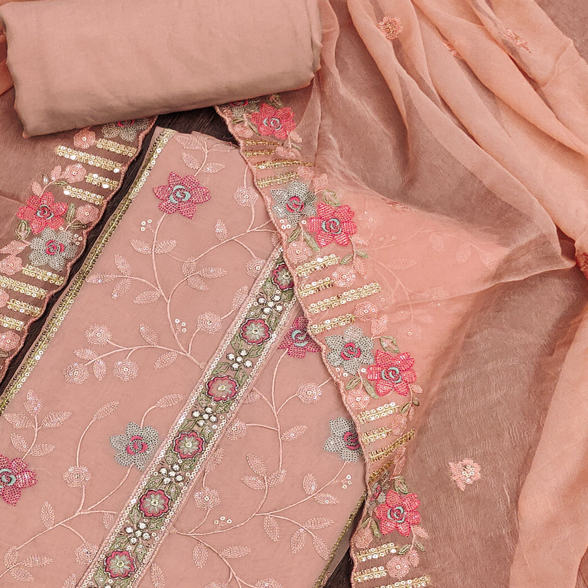 Peach Floral Embroidered Organza Dress Material