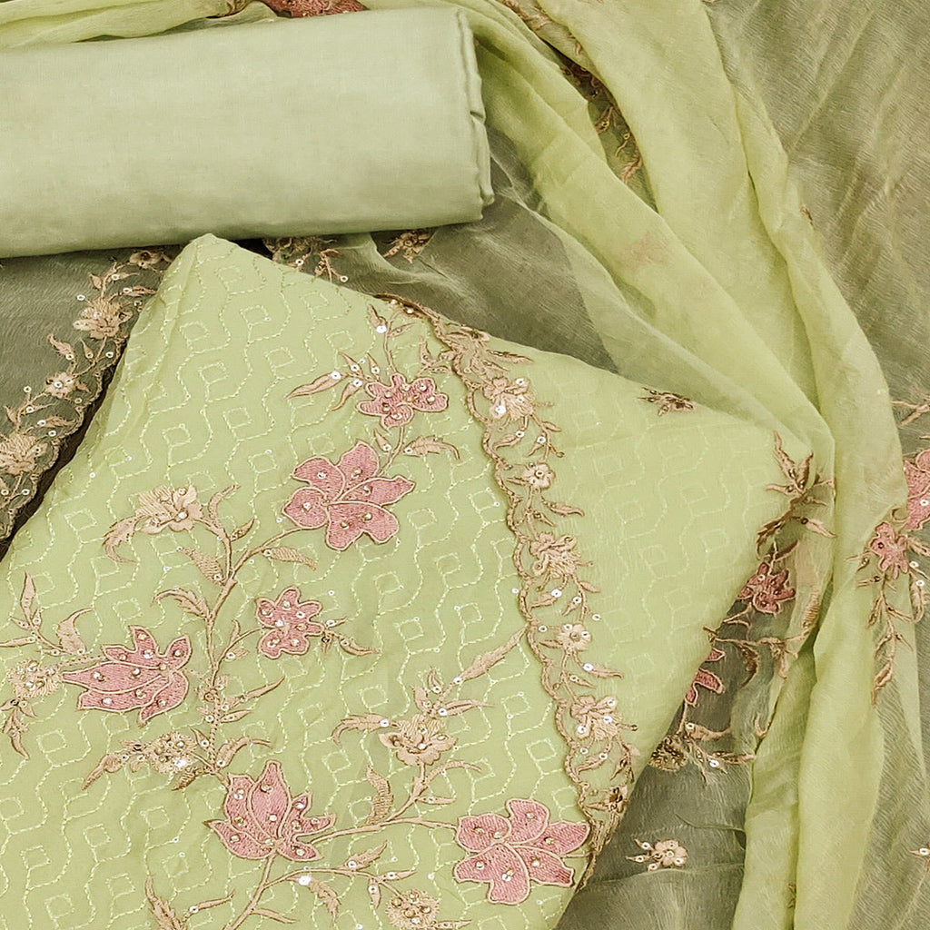 Green Floral Embroidered Organza Dress Material