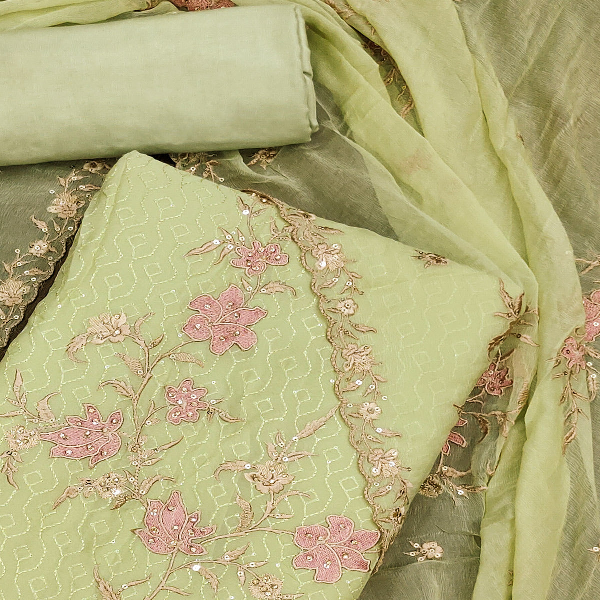 Green Floral Embroidered Organza Dress Material