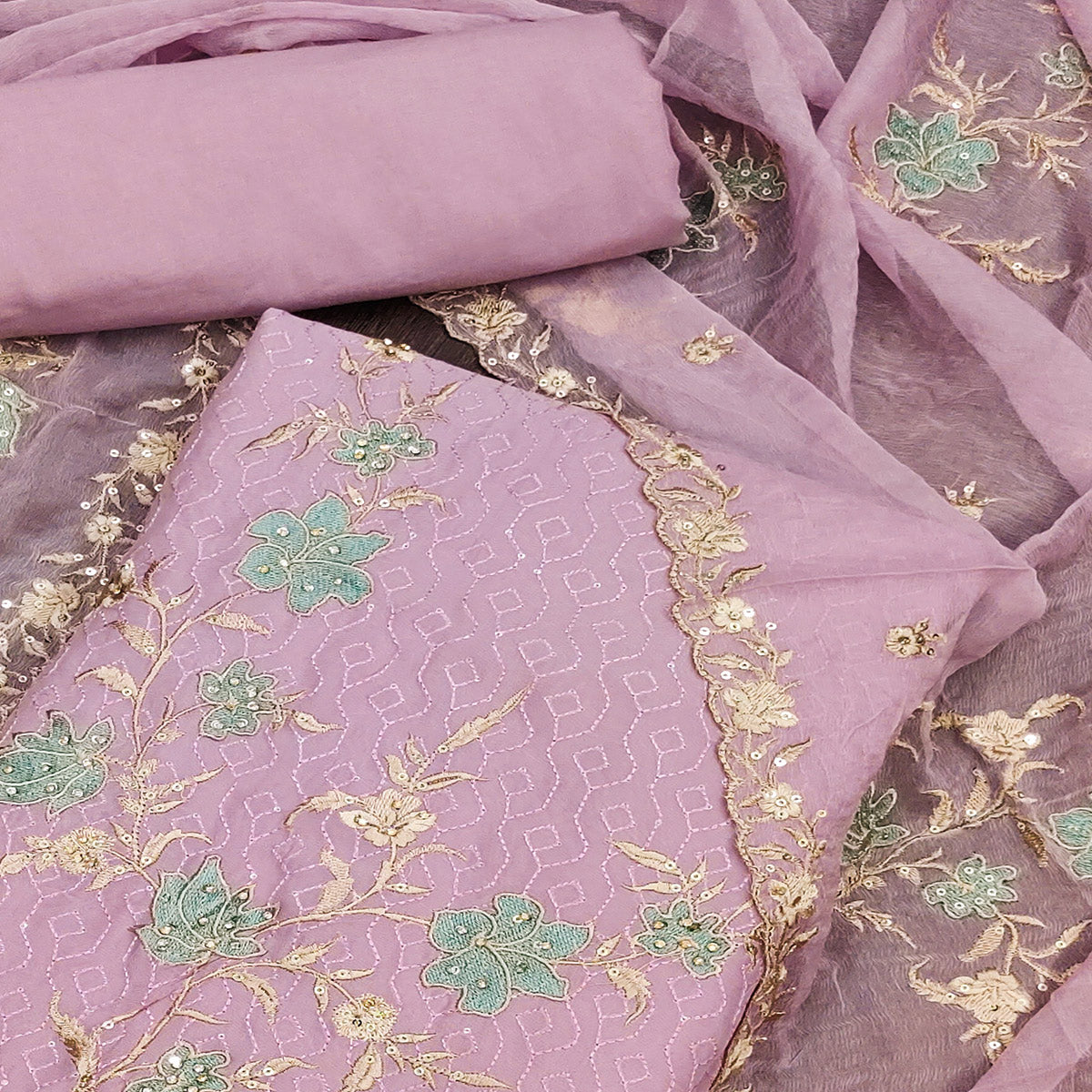 Light Mauve Floral Embroidered Organza Dress Material