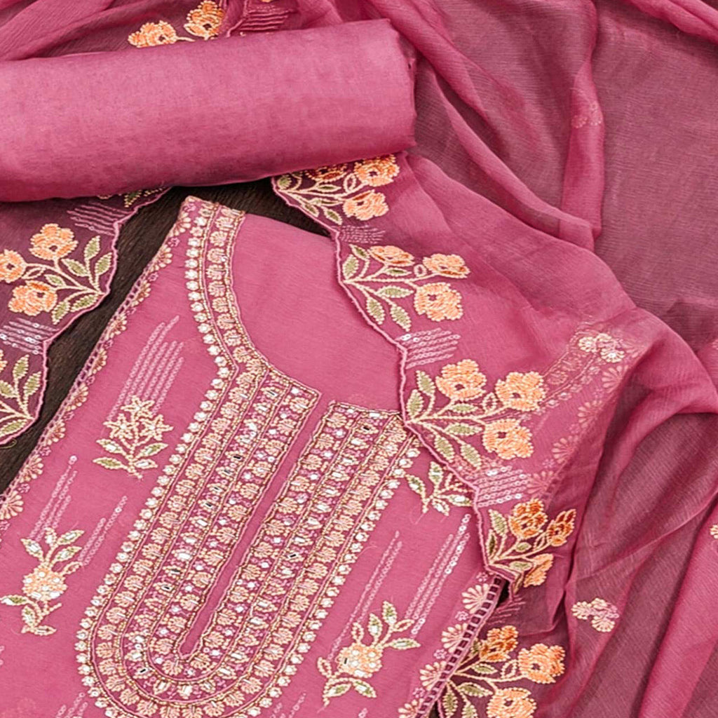 Pink Floral Embroidered Chiffon Dress Material