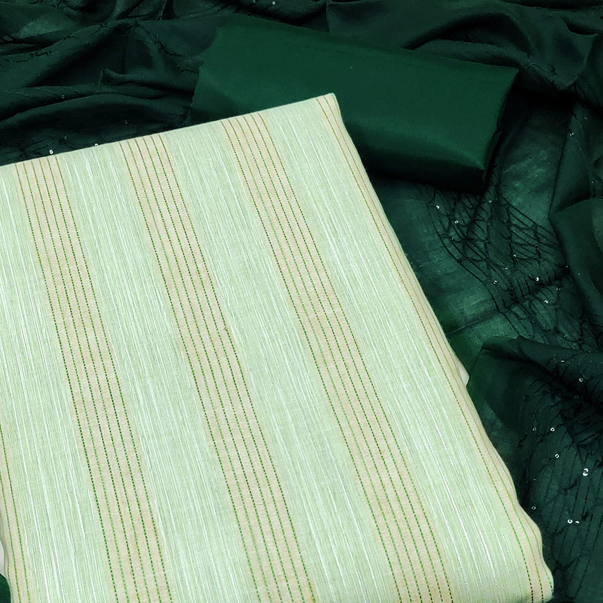 Green Striped Woven Pure Cotton Dress Material