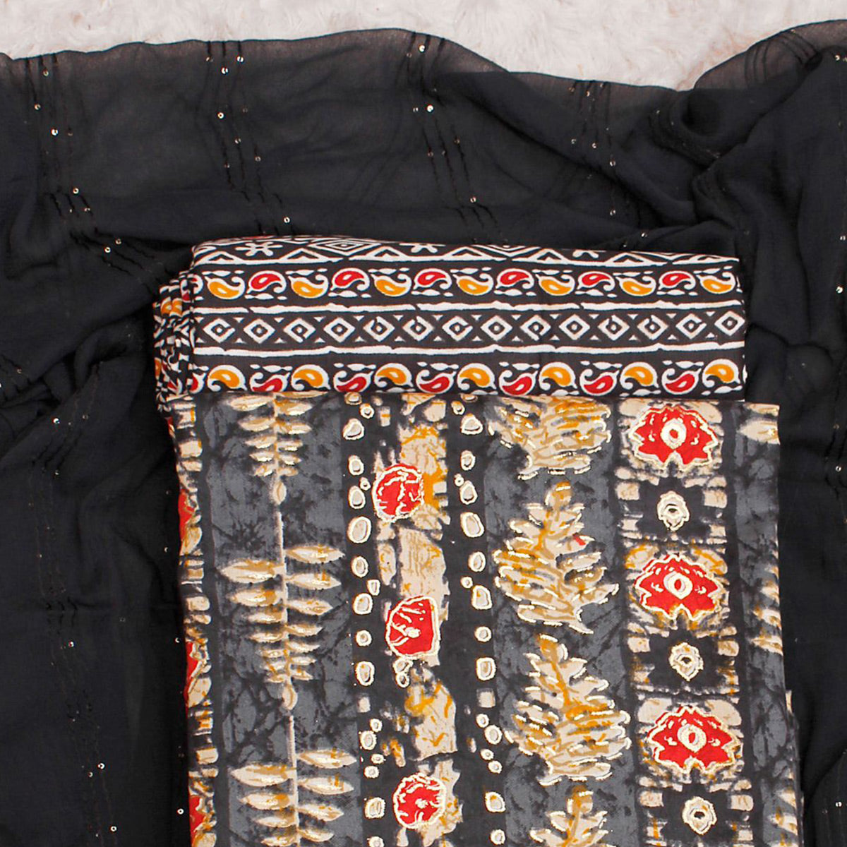 Grey Foil Printed Cotton Blend Dress Material