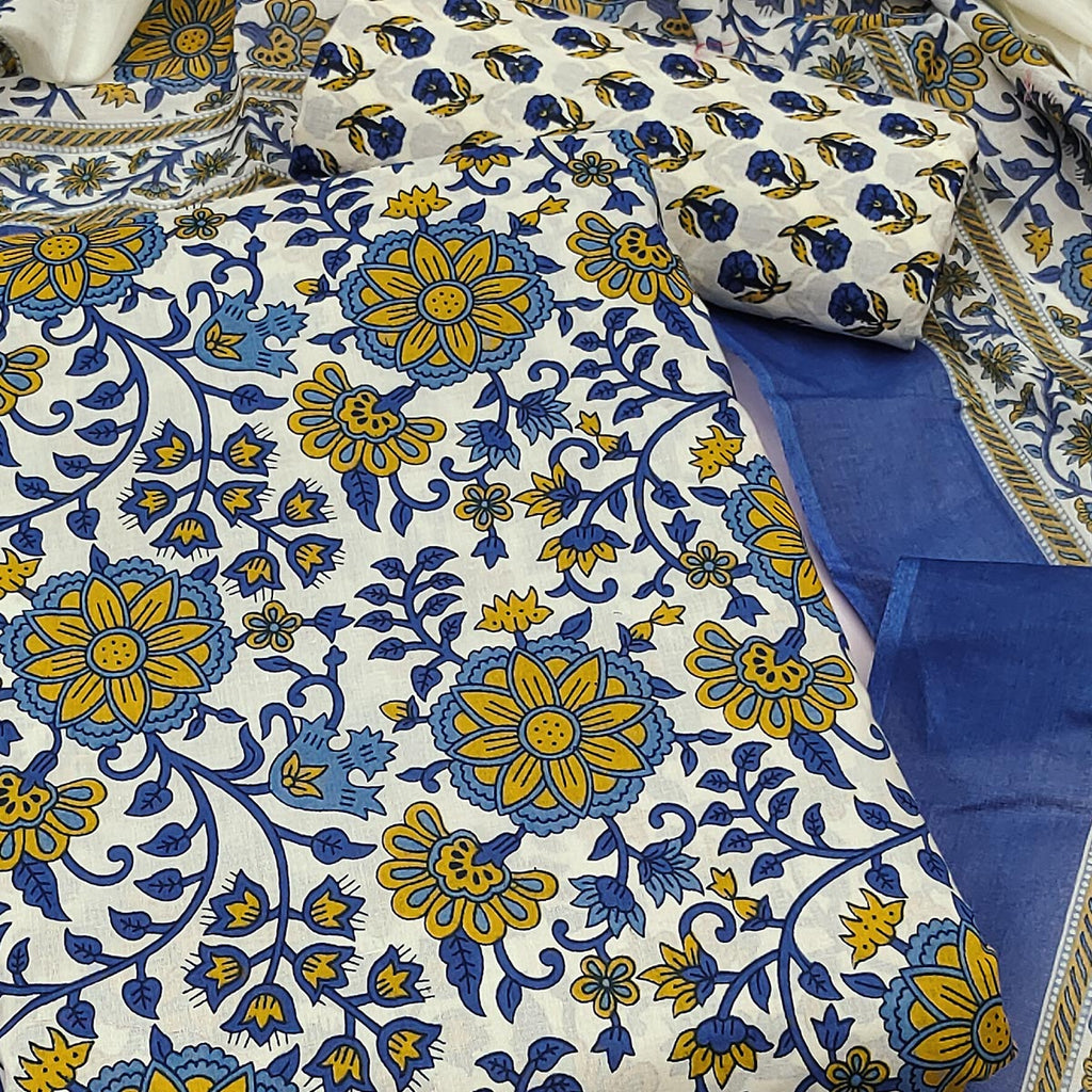 Navy Blue Floral Printed Pure Cotton Dress Material