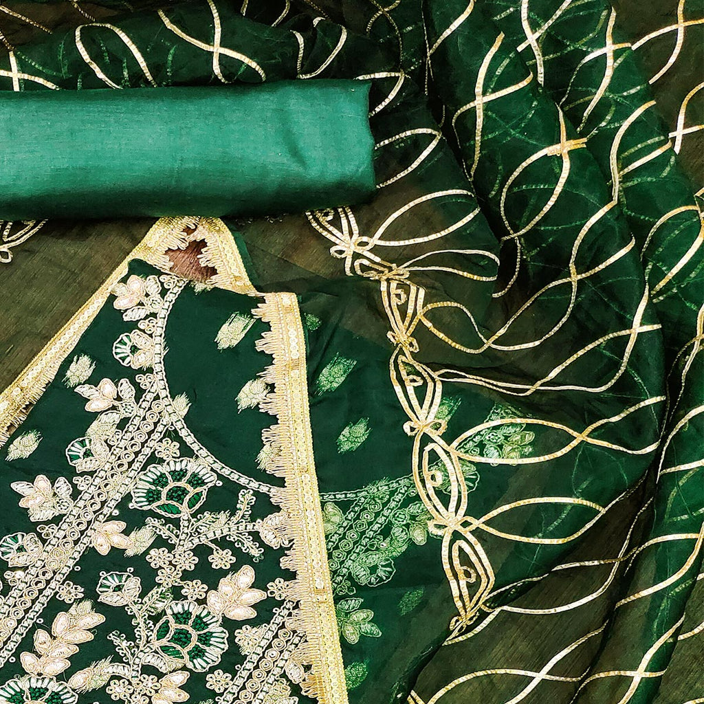 Green Floral Woven Organza Dress Material