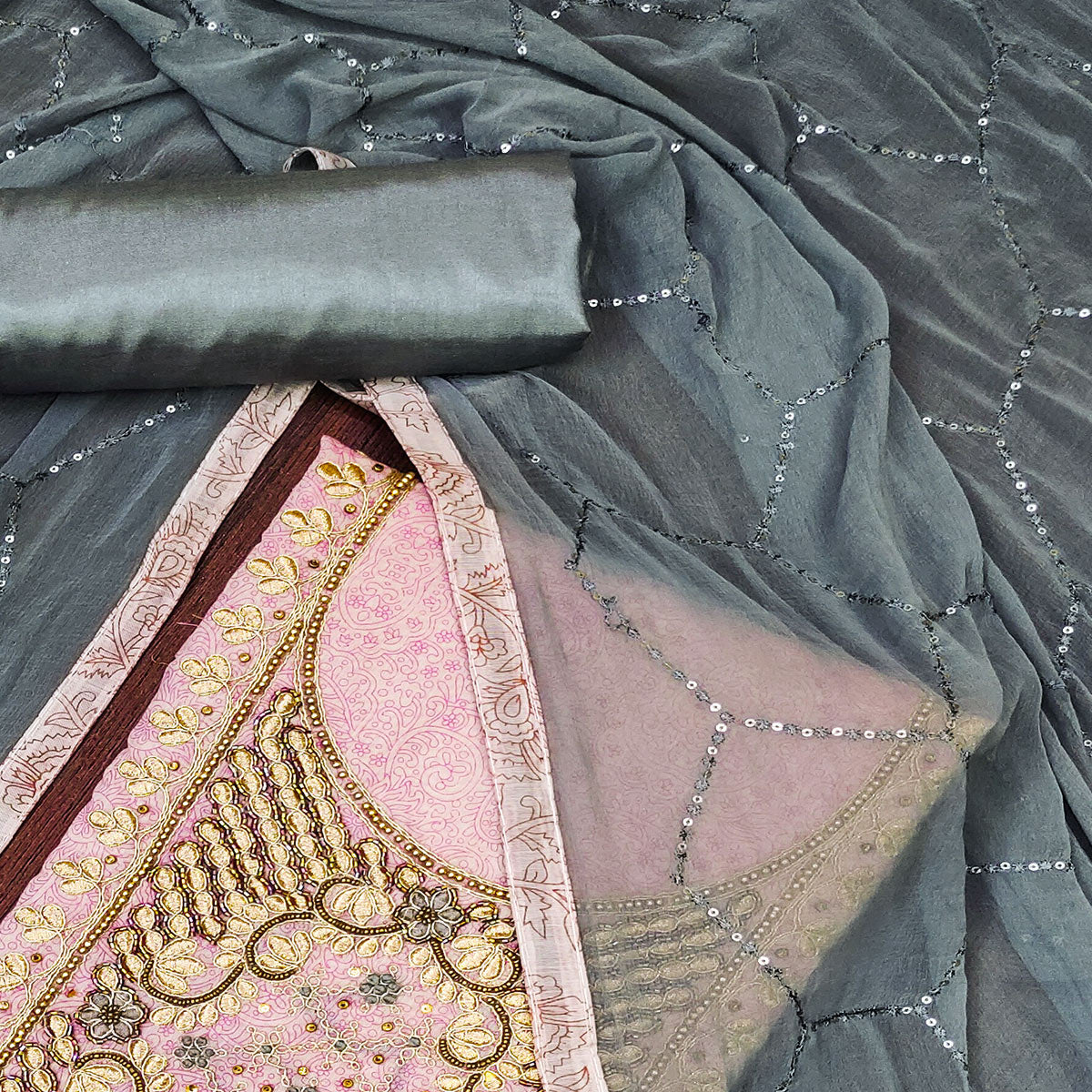 Pink Floral Printed Chanderi Dress Material